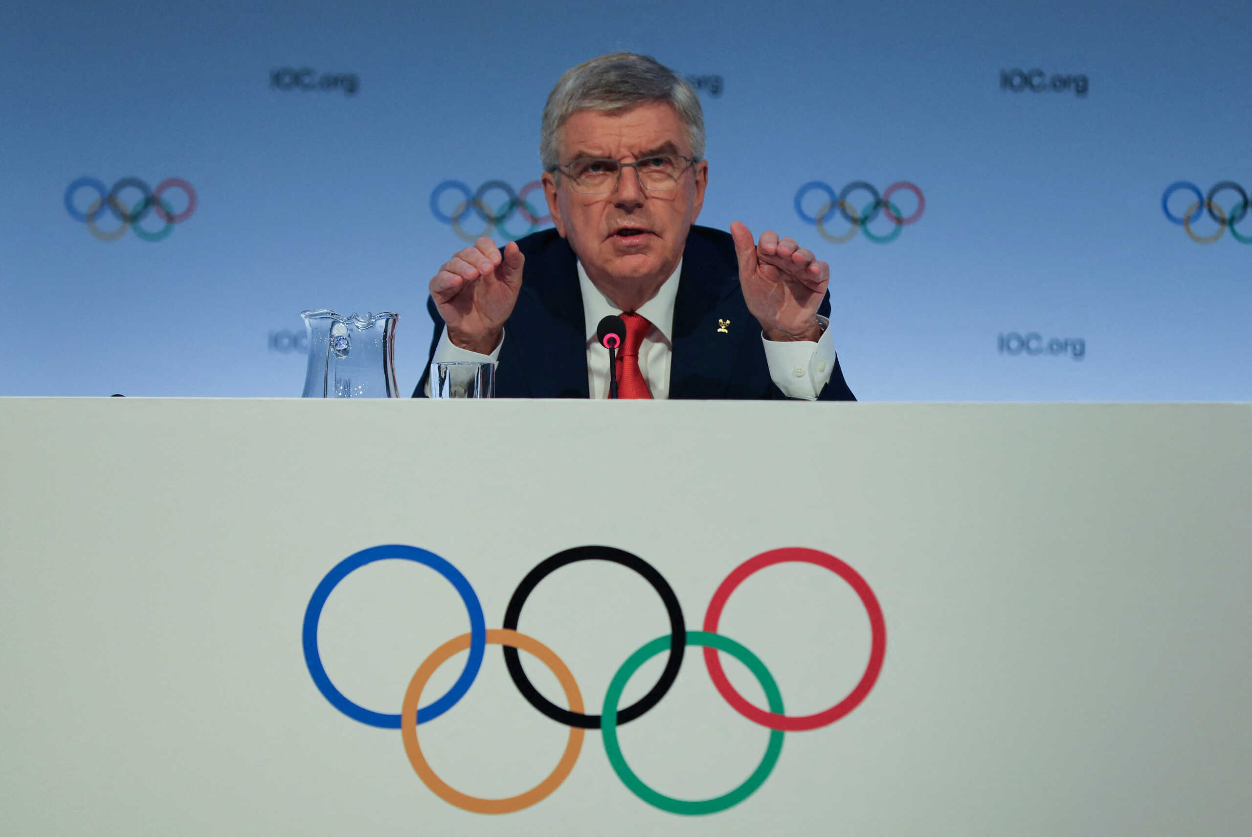 International Olympic Committee (IOC) President Thomas Bach gestures as he speaks during a news conference, ahead of the 141st IOC Session, in Mumbai, India, October 13, 2023. REUTERS