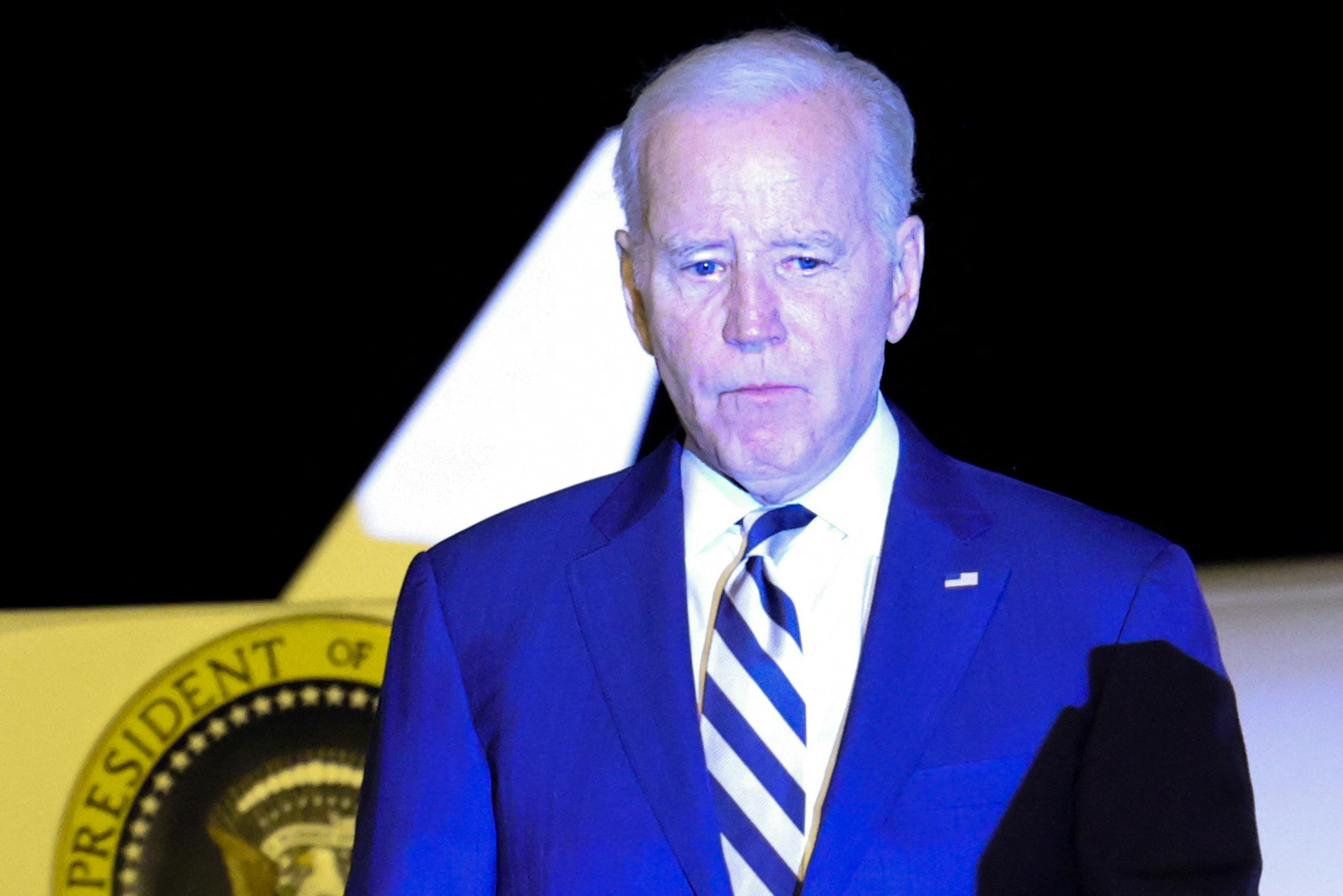 U.S. President Joe Biden looks on as he disembarks from Air Force One at Dover Air Force Base, U.S., October 20, 2023. REUTERS
