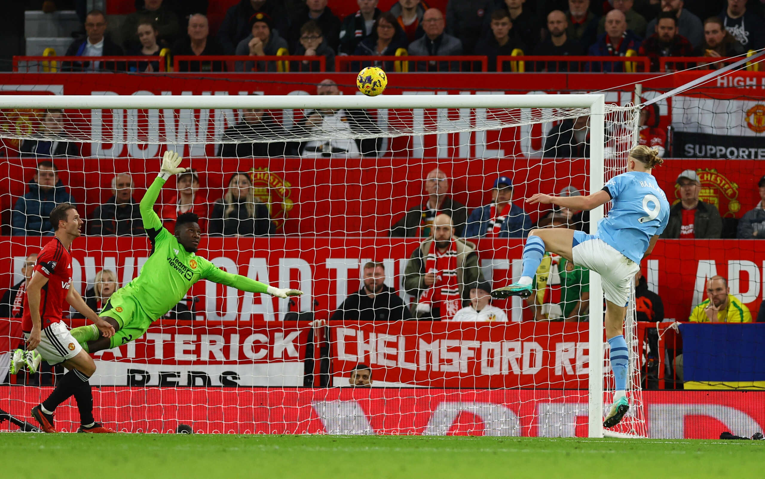 Soccer Football - Premier League - Manchester United v Manchester City - Old Trafford, Manchester, Britain - October 29, 2023  Manchester City's Erling Braut Haaland scores their second goal REUTERS