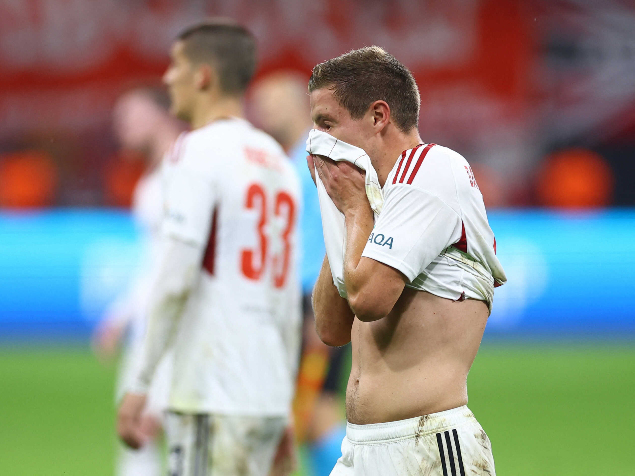 Soccer Football - Europa Conference League - Group G - Eintracht Frankfurt v Aberdeen - Deutsche Bank Park, Frankfurt, Germany - September 21, 2023 Aberdeen's Stefan Gartenmann looks dejected after the match REUTERS