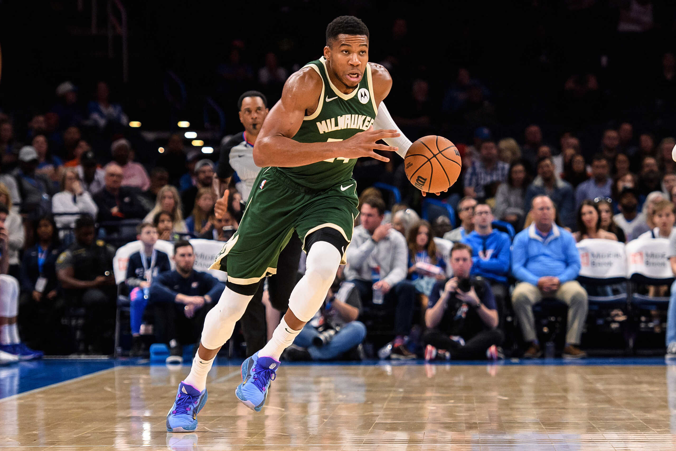 Oct 17, 2023; Oklahoma City, Oklahoma, USA; Milwaukee Bucks forward Giannis Antetokounmpo (34) dribbles during the second half against the Oklahoma City Thunder at Paycom Center. Mandatory Credit: Rob Ferguson-USA TODAY Sports