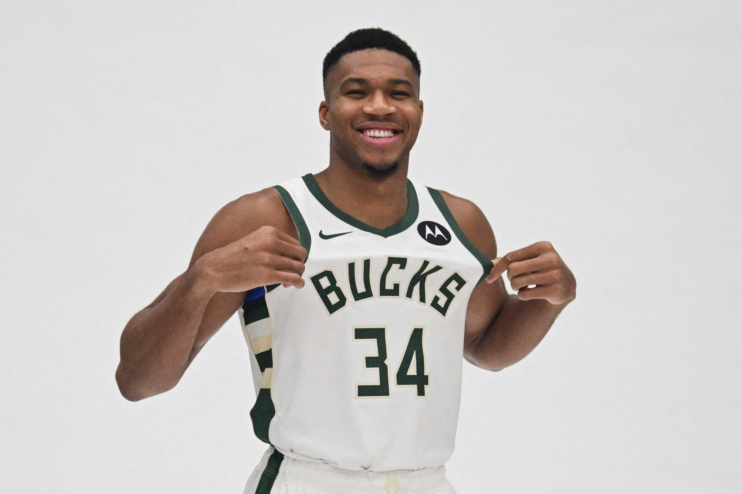 Oct 2, 2023; Milwaukee, WI, USA; Milwaukee Bucks forward Giannis Antetokounmpo (34) poses for a picture during media day in Milwaukee. Mandatory Credit: Benny Sieu-USA TODAY Sports