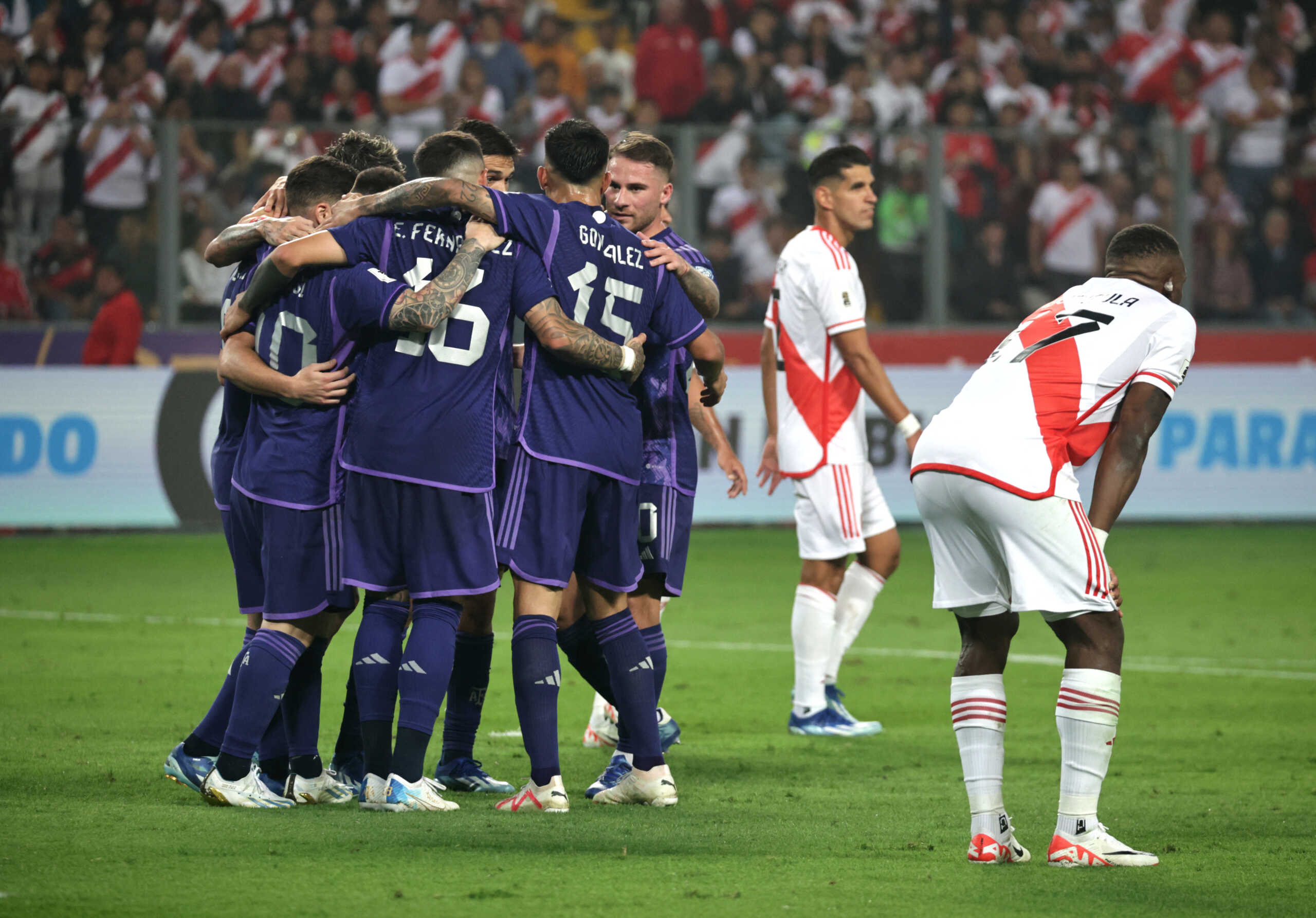 Soccer Football - World Cup - South American Qualifiers - Peru v Argentina - Estadio Nacional, Lima, Peru - October 17, 2023 Argentina's Lionel Messi celebrates with teammates after scoring a goal that was later disallowed REUTERS