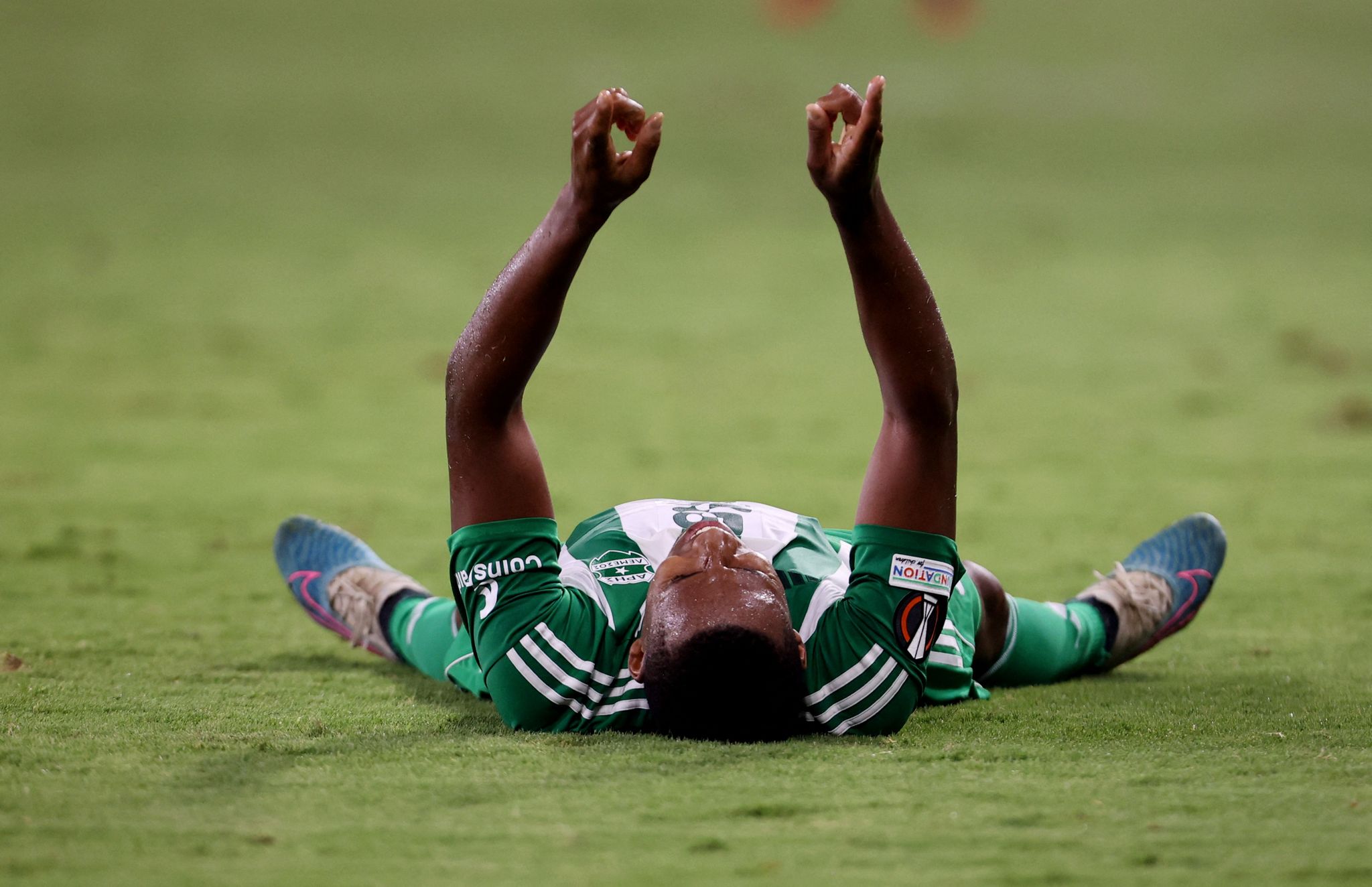 Soccer Football - Europa League - Group C - Aris Limassol v Rangers - Alphamega Stadium, Limassol, Cyprus - October 5, 2023 Aris Limassol's Mihlali Mayambela celebrates after the match REUTERS