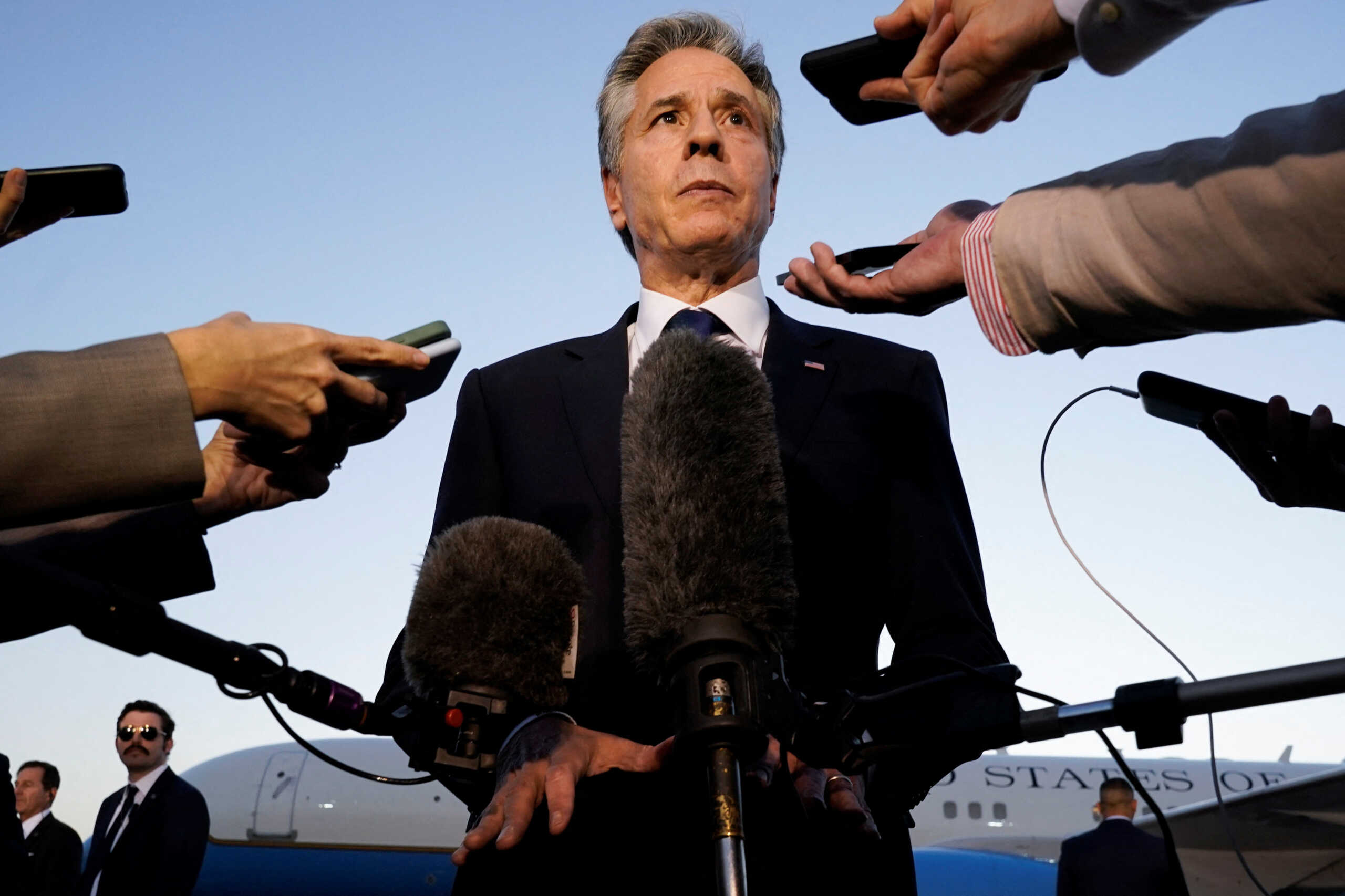 U.S. Secretary of State Antony Blinken speaks to members of the media before leaving Cairo, Egypt, Sunday Oct. 15, 2023, en route to Jordan. Jacquelyn Martin