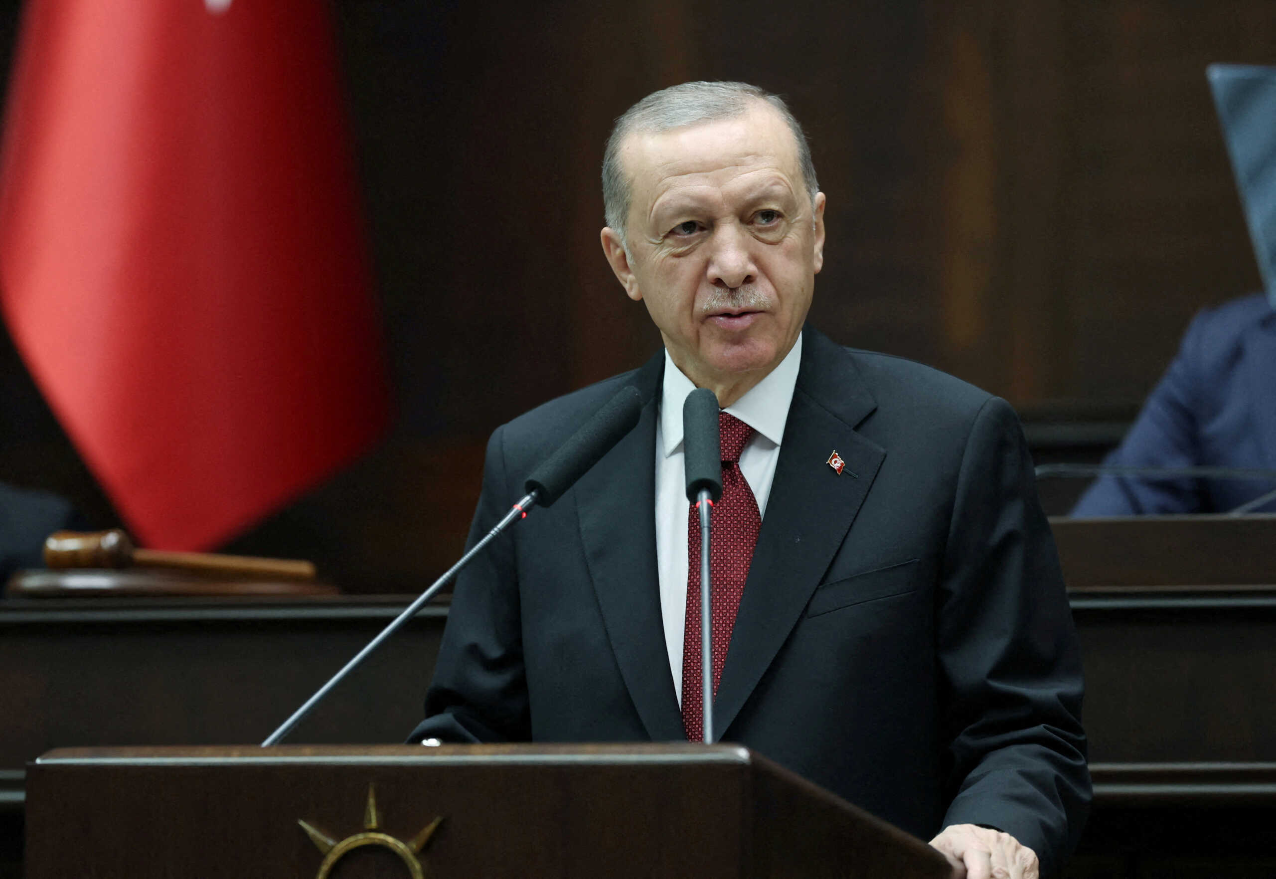 FILE PHOTO: Turkey's President Tayyip Erdogan addresses lawmakers from his ruling AK Party at the Turkish Parliament in Ankara, Turkey October 11, 2023. Presidential Press Office