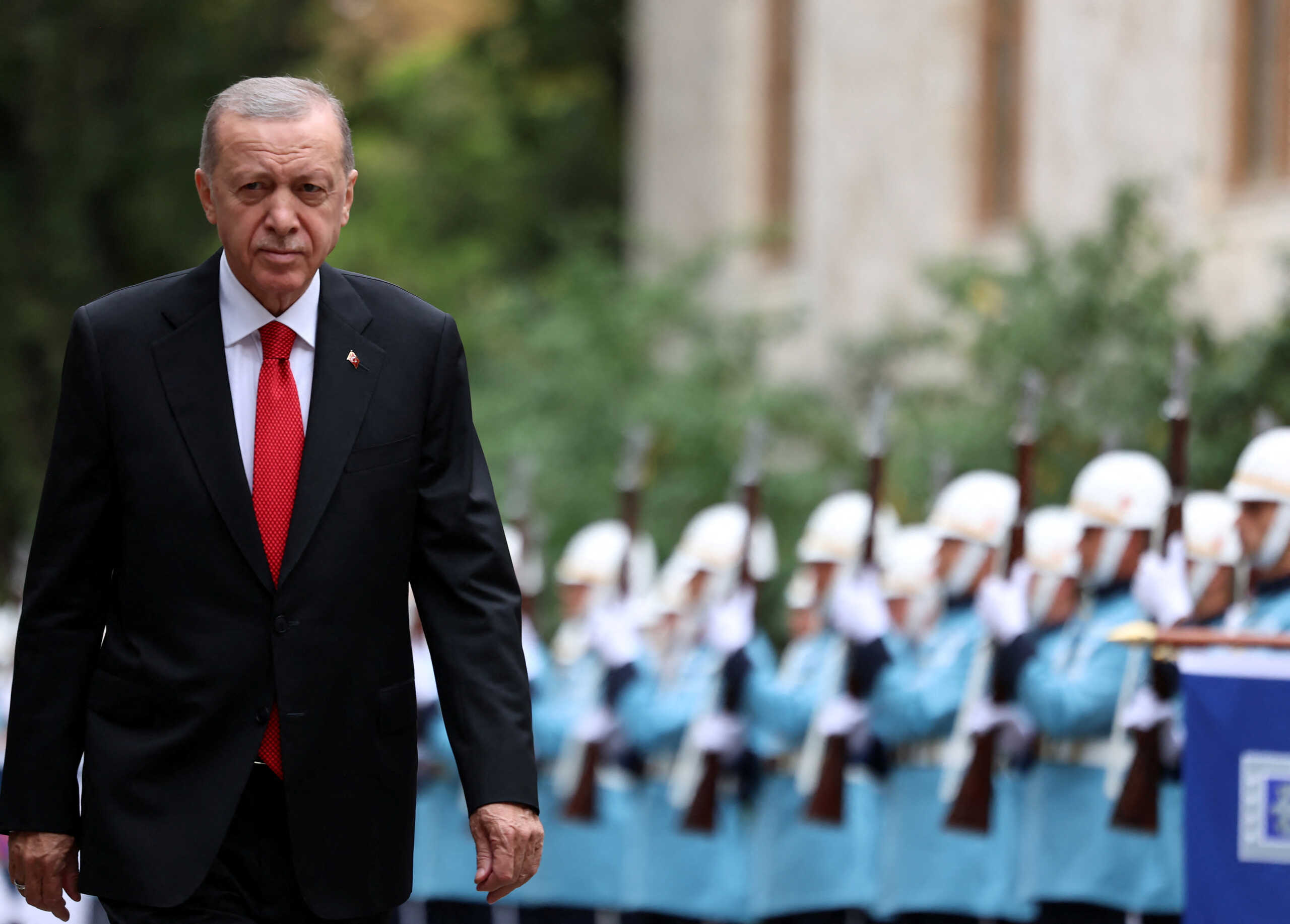 Turkey's President Tayyip Erdogan reviews a guard of honour as he attends the reopening of the Turkish parliament after the summer recess in Ankara, Turkey, October 1, 2023. Murat Cetinmuhurdar