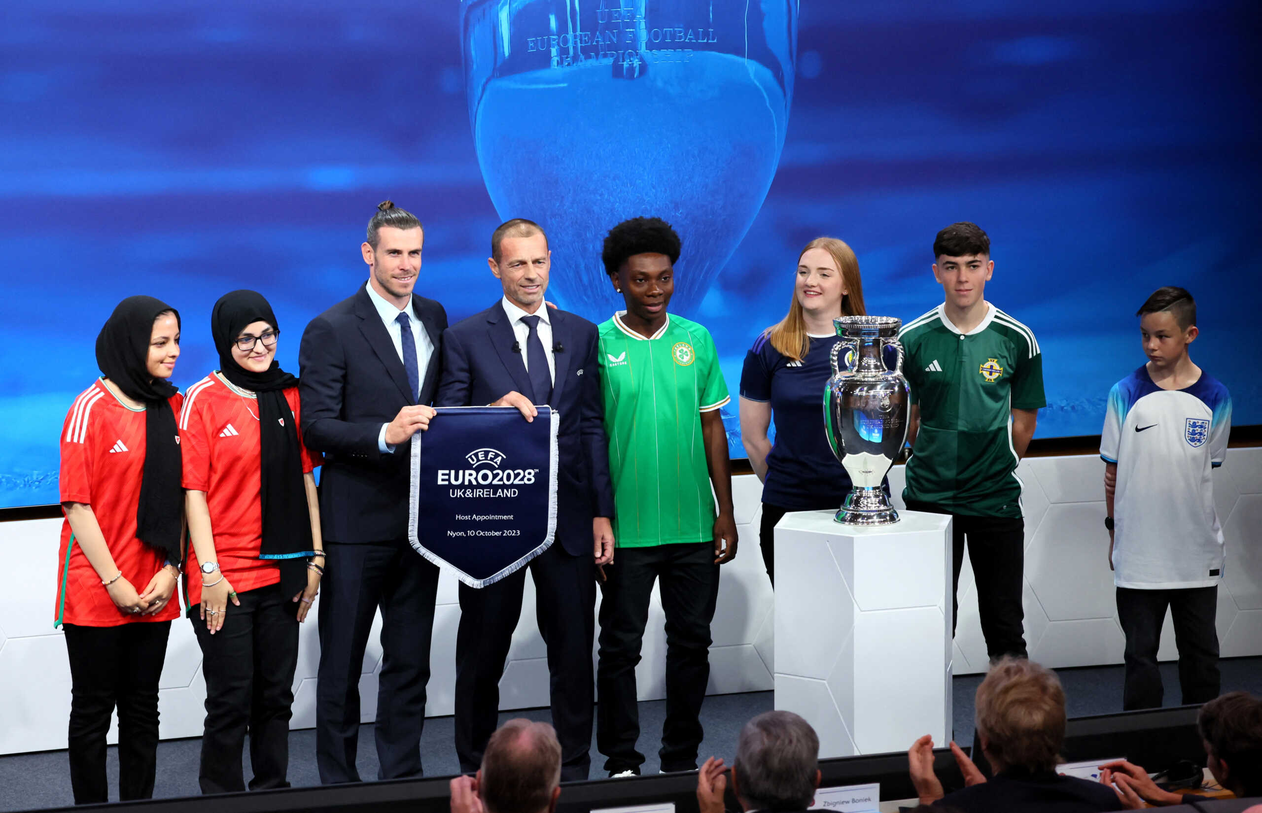 Soccer Football - Euro 2028 & Euro 2032 Hosts Announcement - Nyon, Switzerland - October 10, 2023 UEFA president Aleksander Ceferin with UK and Ireland ambassador Gareth Bale during the announcement REUTERS