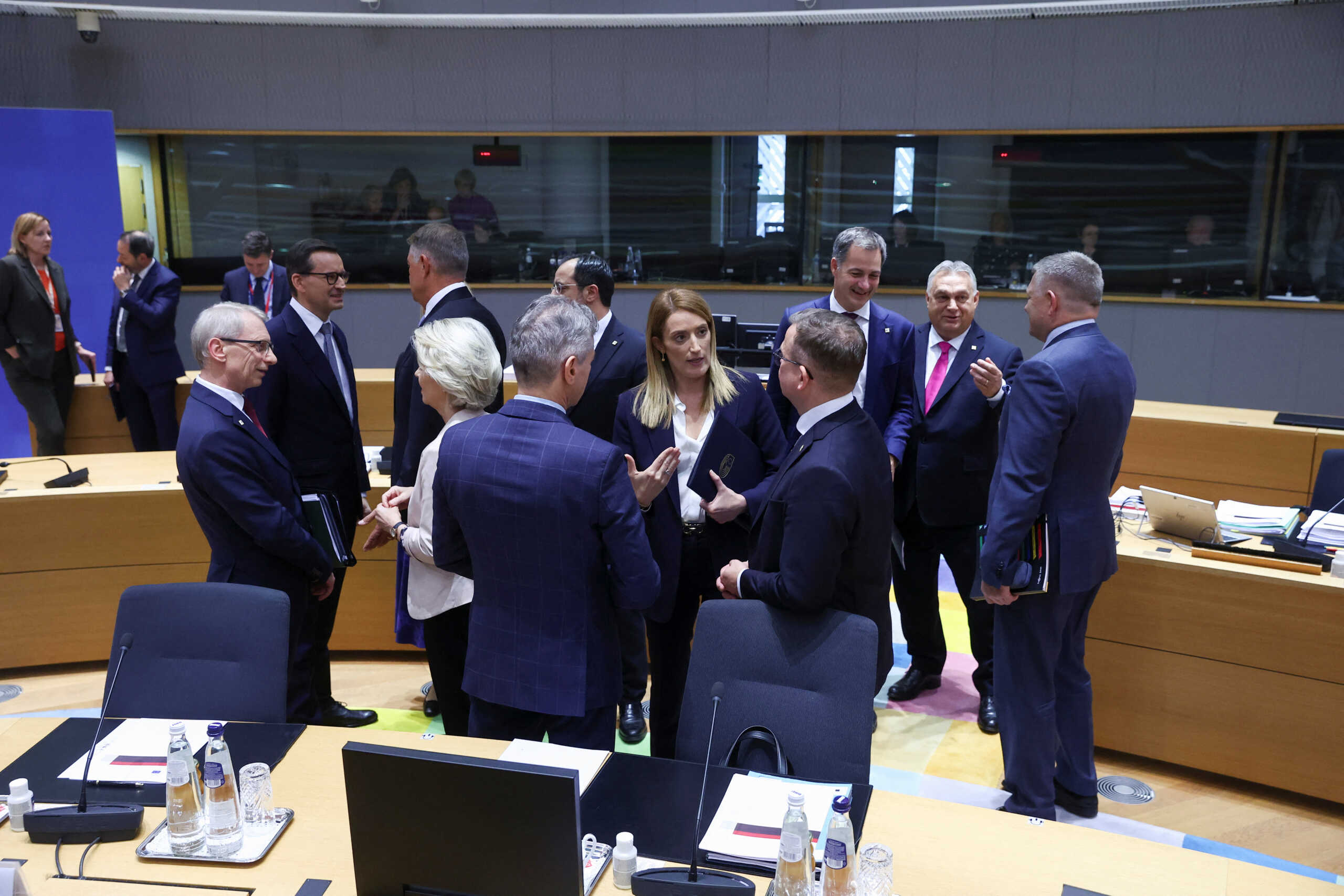 Members of the European Council speak as they attend the European Union leaders summit, in Brussels, Belgium October 26, 2023. REUTERS