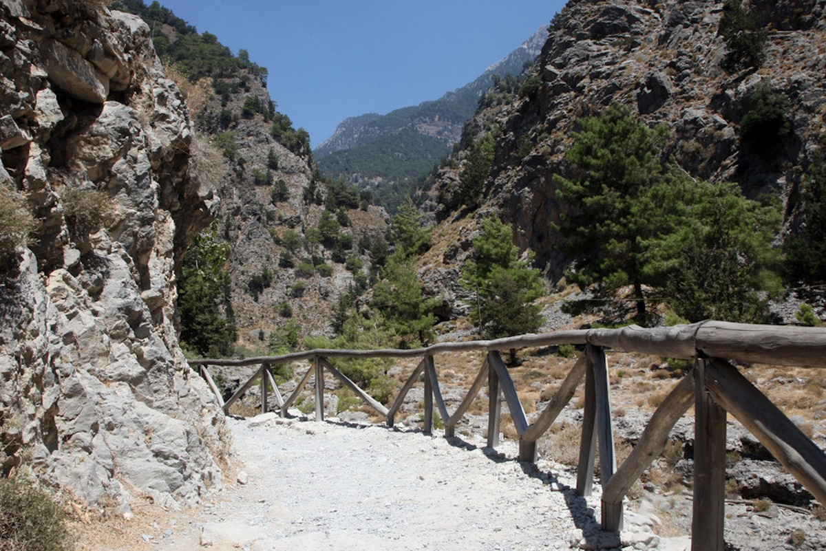 Άποψη της διαδρομής του φαραγγιού προς την έξοδο του στην Αγία Ρουμέλη στο Λιβυκό πέλαγος.Το φαράγγι της Σαμαριάς στα Χανιά είναι το πλέον γνωστό στην Ευρώπη, καθώς είναι το μεγαλύτερο και ομορφότερο από όλα τα φαράγγια της ευρωπαϊκής ηπείρου.Το μήκος του είναι 16 χιλιόμετρα και το πλάτος του σε ορισμένα σημεία δεν ξεπερνά τα 3 μετρά,με καθέτους τοίχους που φθάνουν τα 500 μέτρα ύψος.Τρίτη 21 Απριλίου 2009.