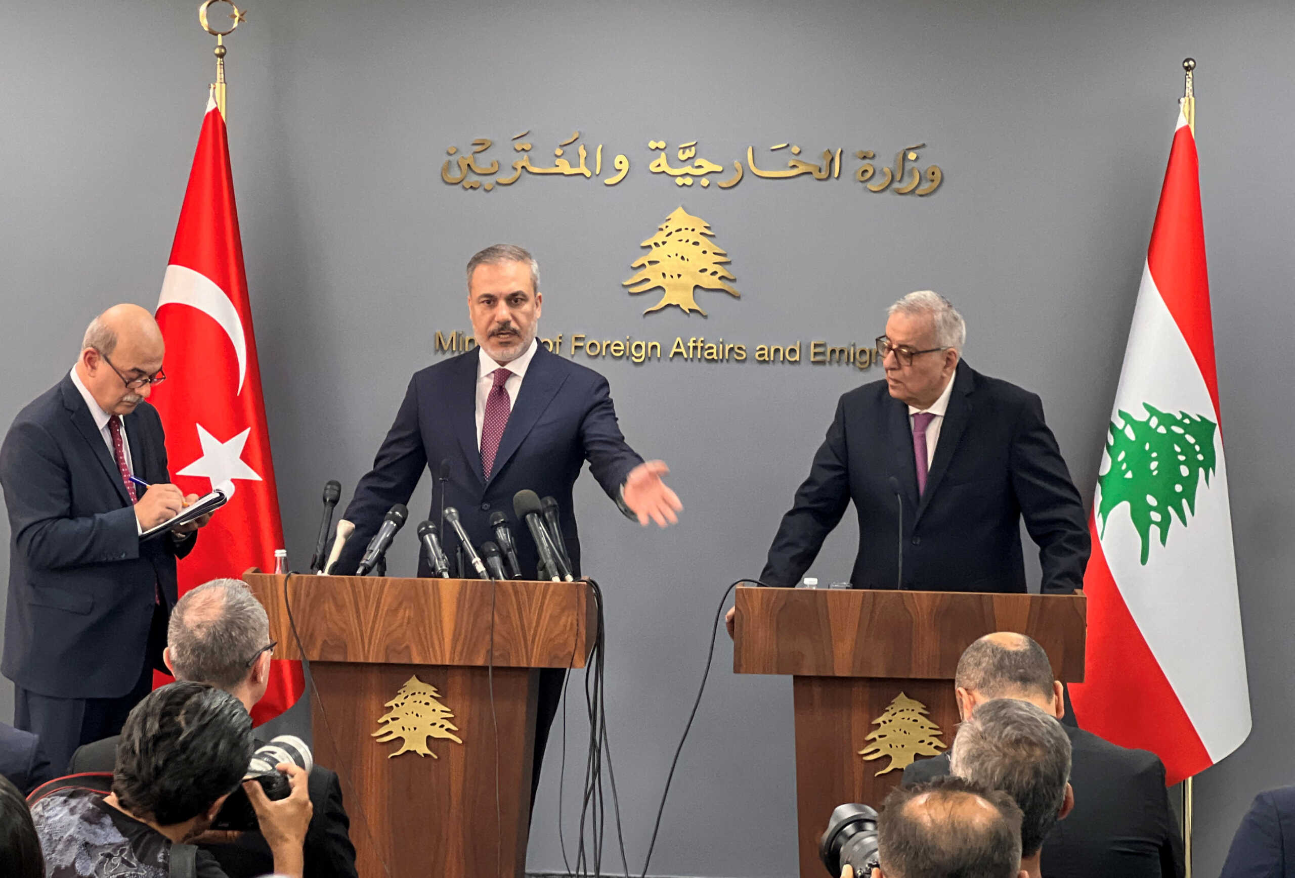 Turkish Foreign Minister Hakan Fidan reacts as speaks alongside his Lebanese counterpart Abdullah Bou Habib during a press conference in Beirut, Lebanon October 17, 2023. REUTERS
