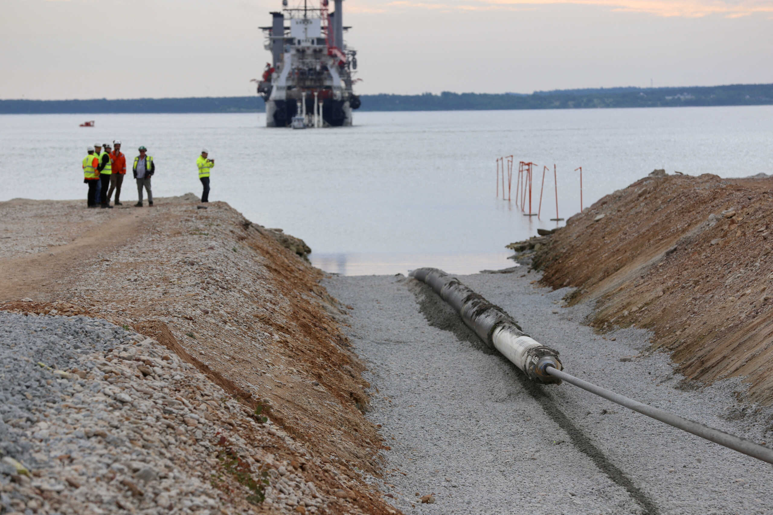 A view of the Balticconector pipeline as it is pulled into the sea in Paldiski, Estonia in an undated handout photo taken in 2019. ELERING