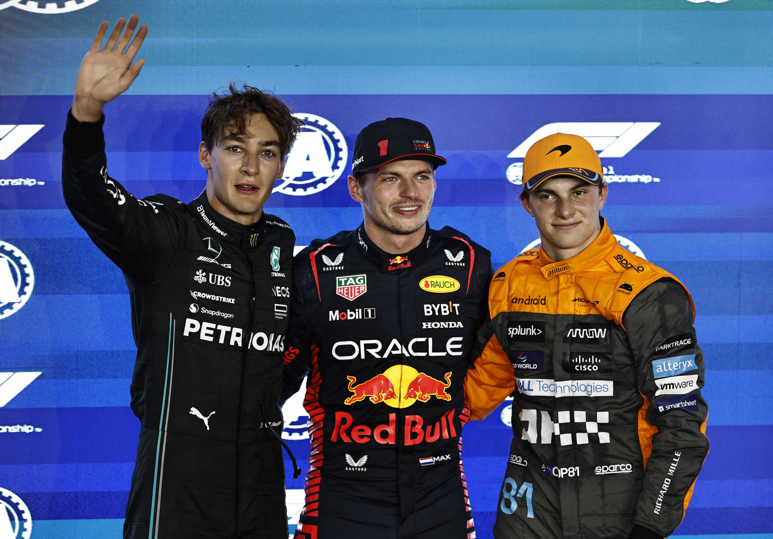 Formula One F1 - Qatar Grand Prix - Lusail International Circuit, Lusail, Qatar - October 6, 2023 Red Bull's Max Verstappen after finishing qualifying in pole position alongside second place Mercedes' George Russell and third place McLaren's Oscar Piastri REUTERS