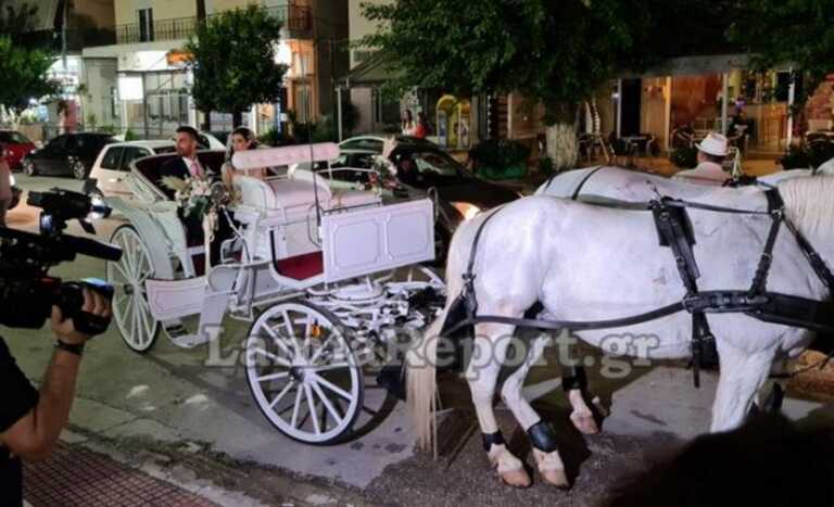 Παραμυθένιος γάμος στη Λαμία με τη νύφη να φέρνουν δύο ολόλευκα άλογα σε άμαξα - Δείτε το βίντεο