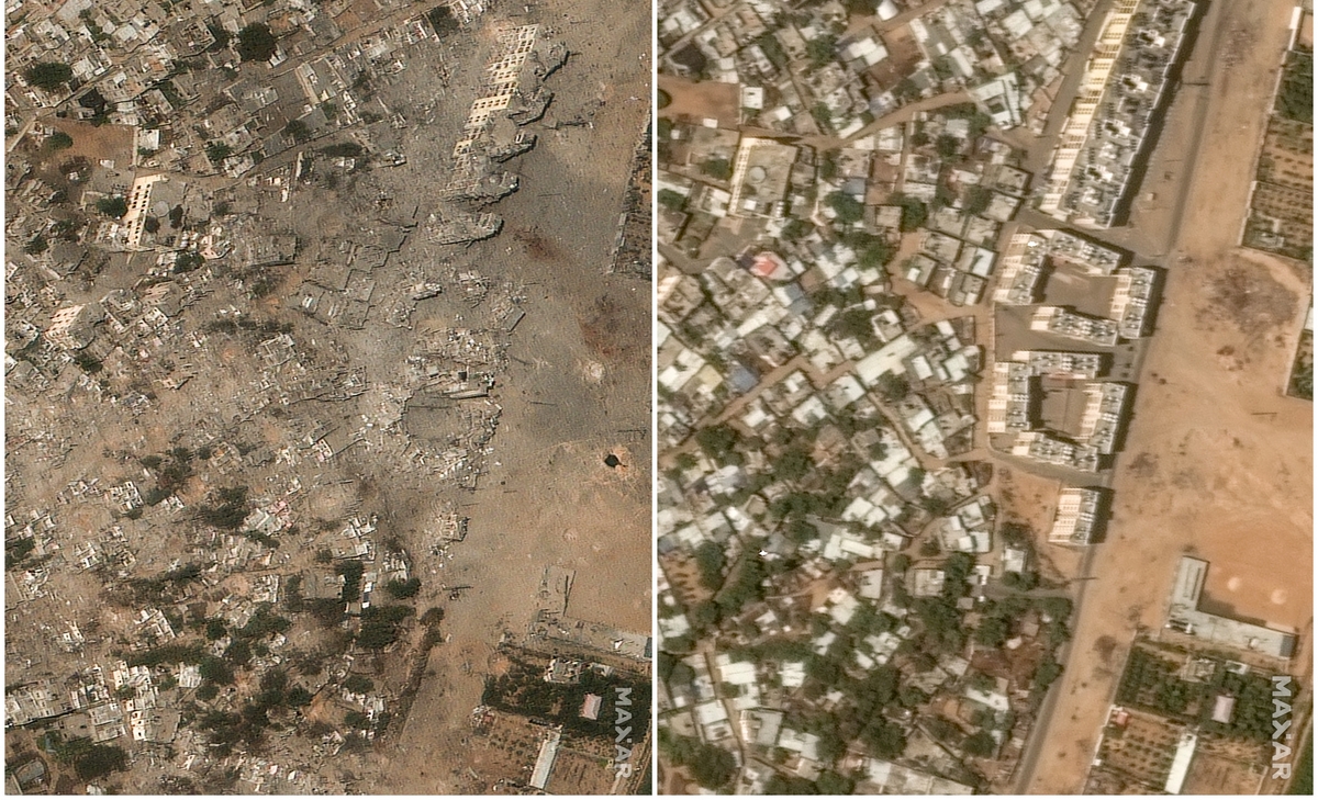 A combination picture shows the Palestinian city of Beit Hanoun before and after damage caused by the ongoing conflict between Israel and Hamas, northern Gaza Strip, October 10, 2023 and October 21, 2023. Maxar Technologies