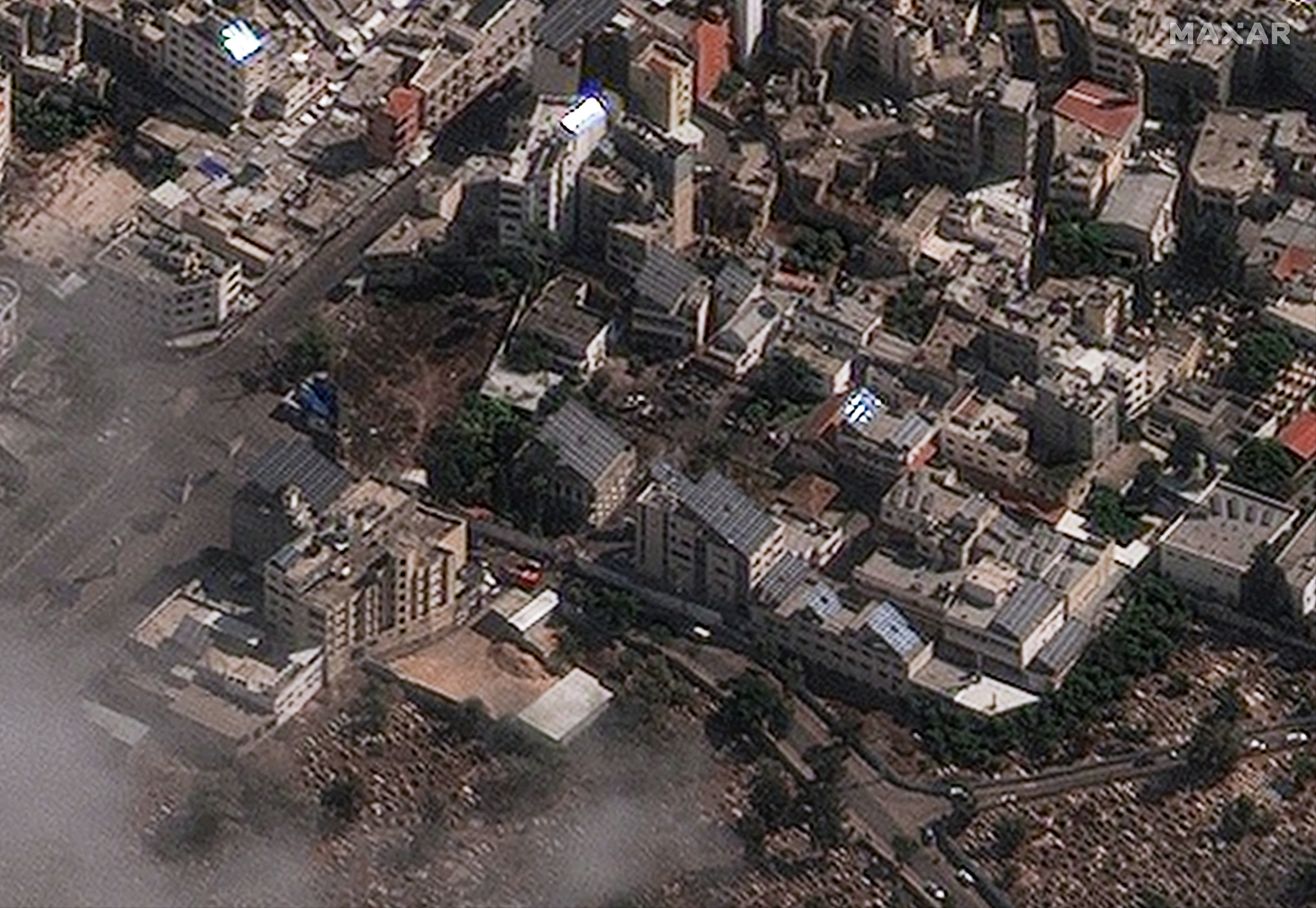 A satellite image shows Al-Ahli hospital in Gaza after hundreds of Palestinians were killed in a blast that Israeli and Palestinian officials blamed on each other, October 18, 2023. Maxar Technologies