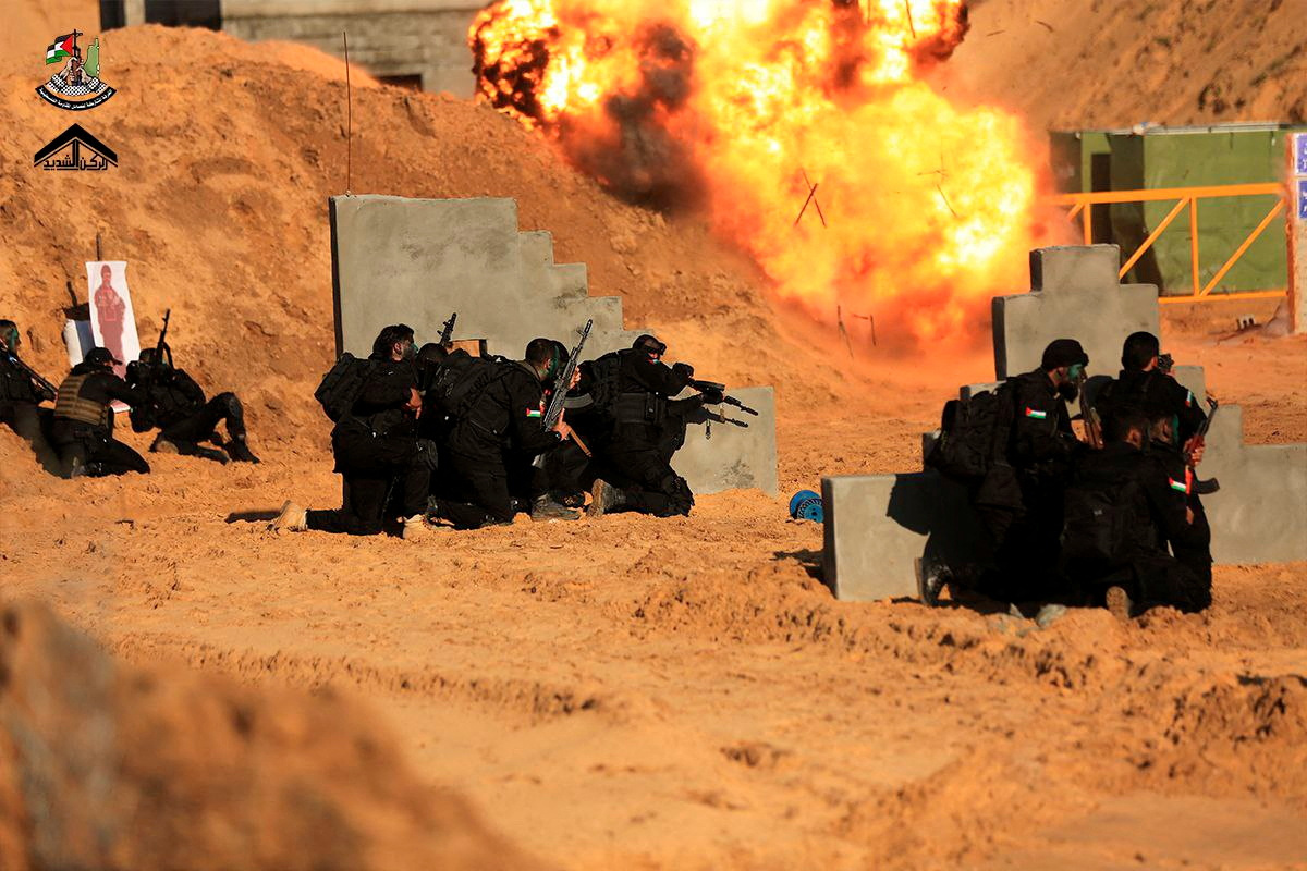 Joint Room for Palestinian Resistance Factions, a group which includes the Palestinian Islamist group Hamas, released photographs on December 28, 2022, showing what it says was training for a "raid behind enemy lines" at an unknown location, in this picture obtained from social media. Joint Room for Palestinian Resistance Factions via Telegram