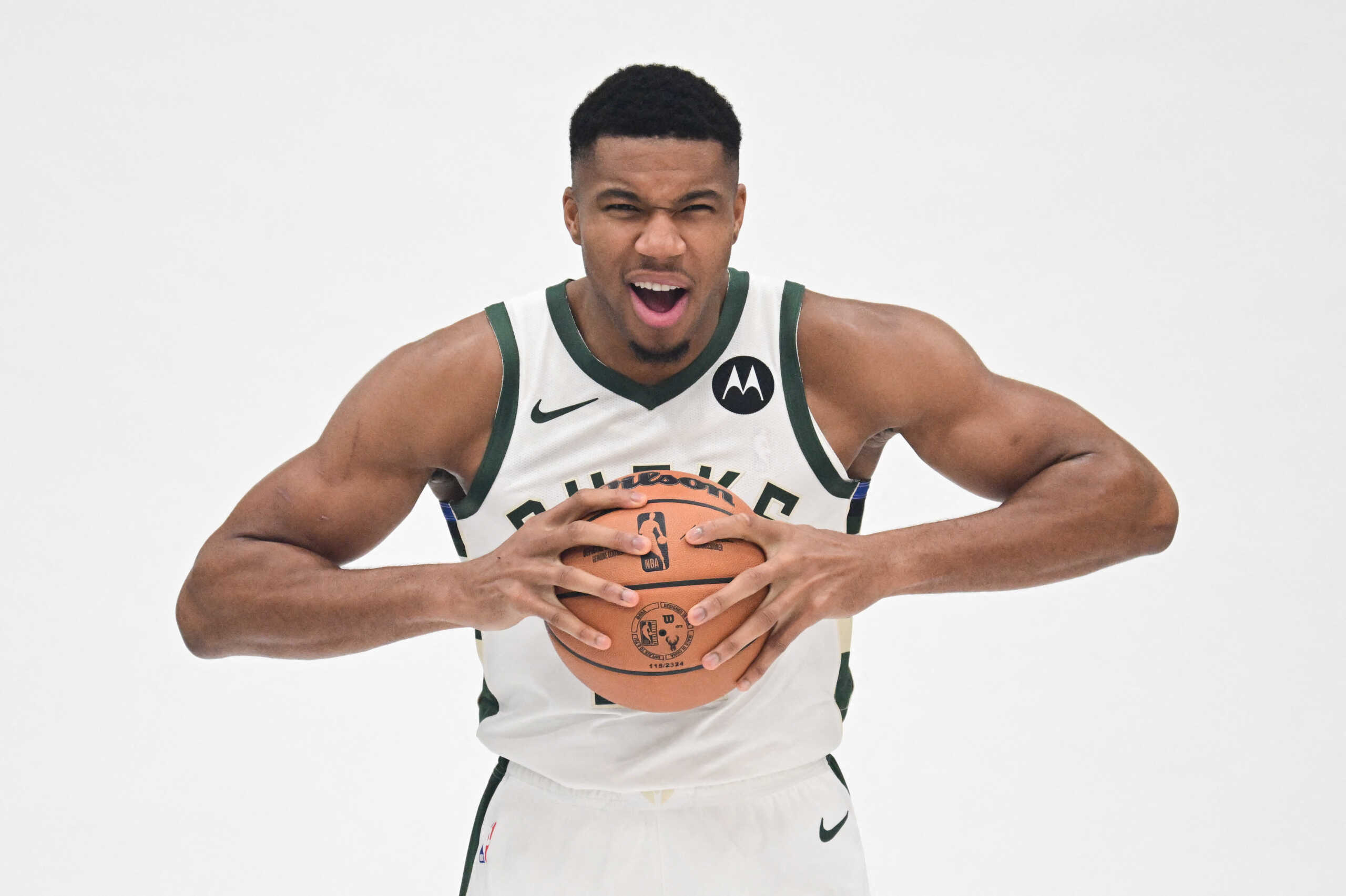 Oct 2, 2023; Milwaukee, WI, USA; Milwaukee Bucks forward Giannis Antetokounmpo (34) poses for a picture during media day in Milwaukee. Mandatory Credit: Benny Sieu-USA TODAY Sports