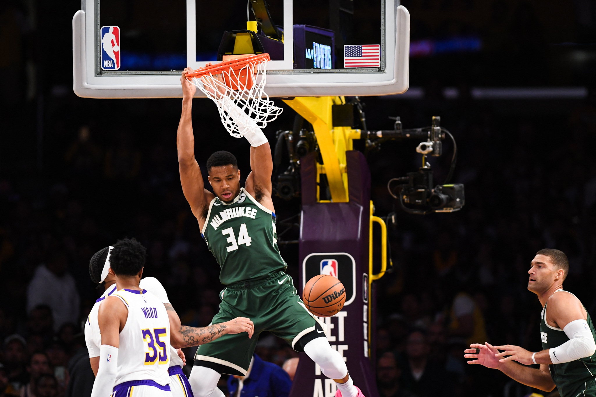 Oct 15, 2023; Los Angeles, California, USA; Milwaukee Bucks forward Giannis Antetokounmpo (34) dunk  in the first quarter against the Los Angeles Lakers at Crypto.com Arena. Mandatory Credit: Jonathan Hui-USA TODAY Sports