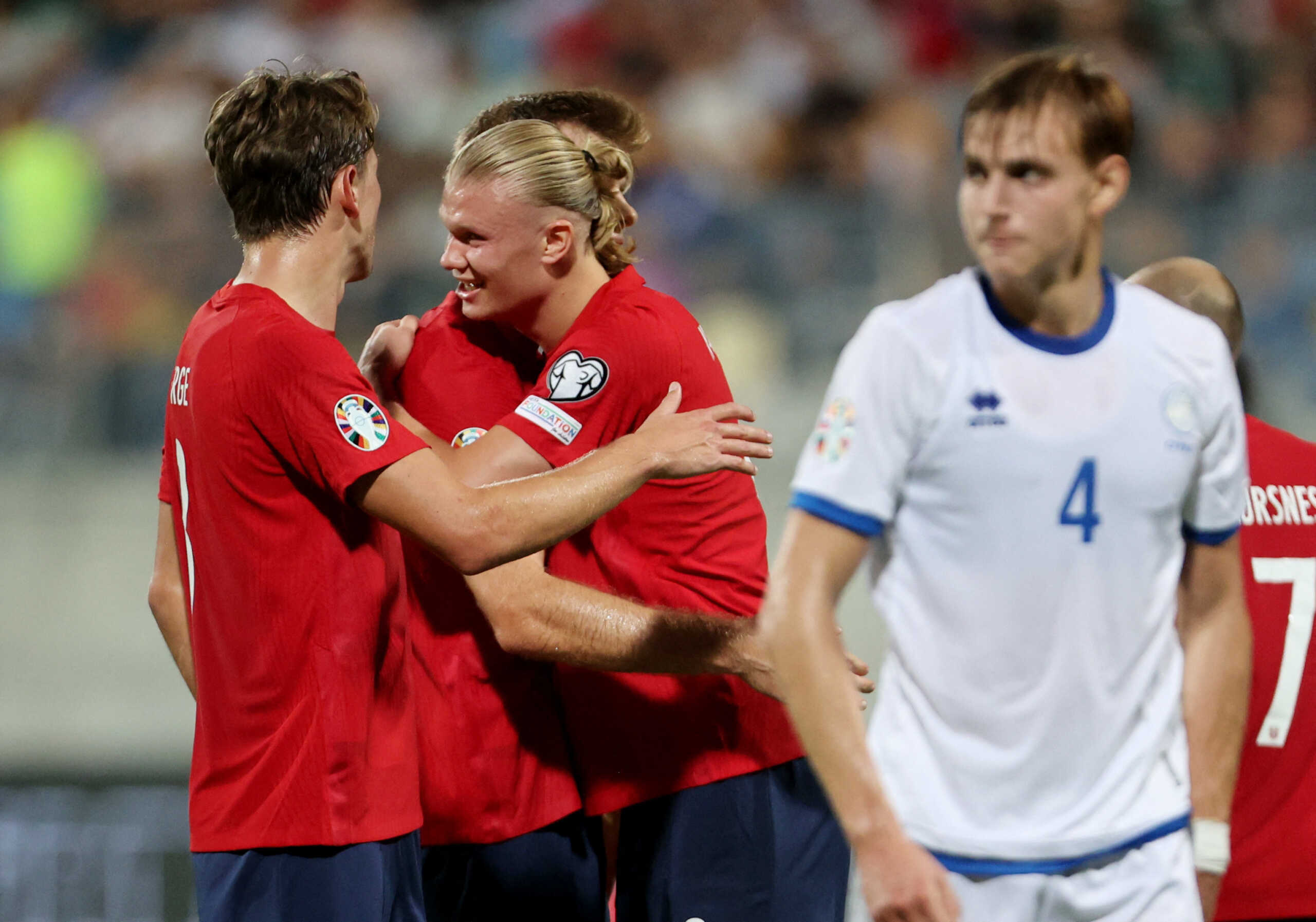 Soccer Football - Euro 2024 Qualifier - Group A - Cyprus v Norway - AEK Arena, Larnaca, Cyprus - October 12, 2023 Norway's Alexander Sorloth celebrates scoring their first goal with Erling Braut Haaland REUTERS