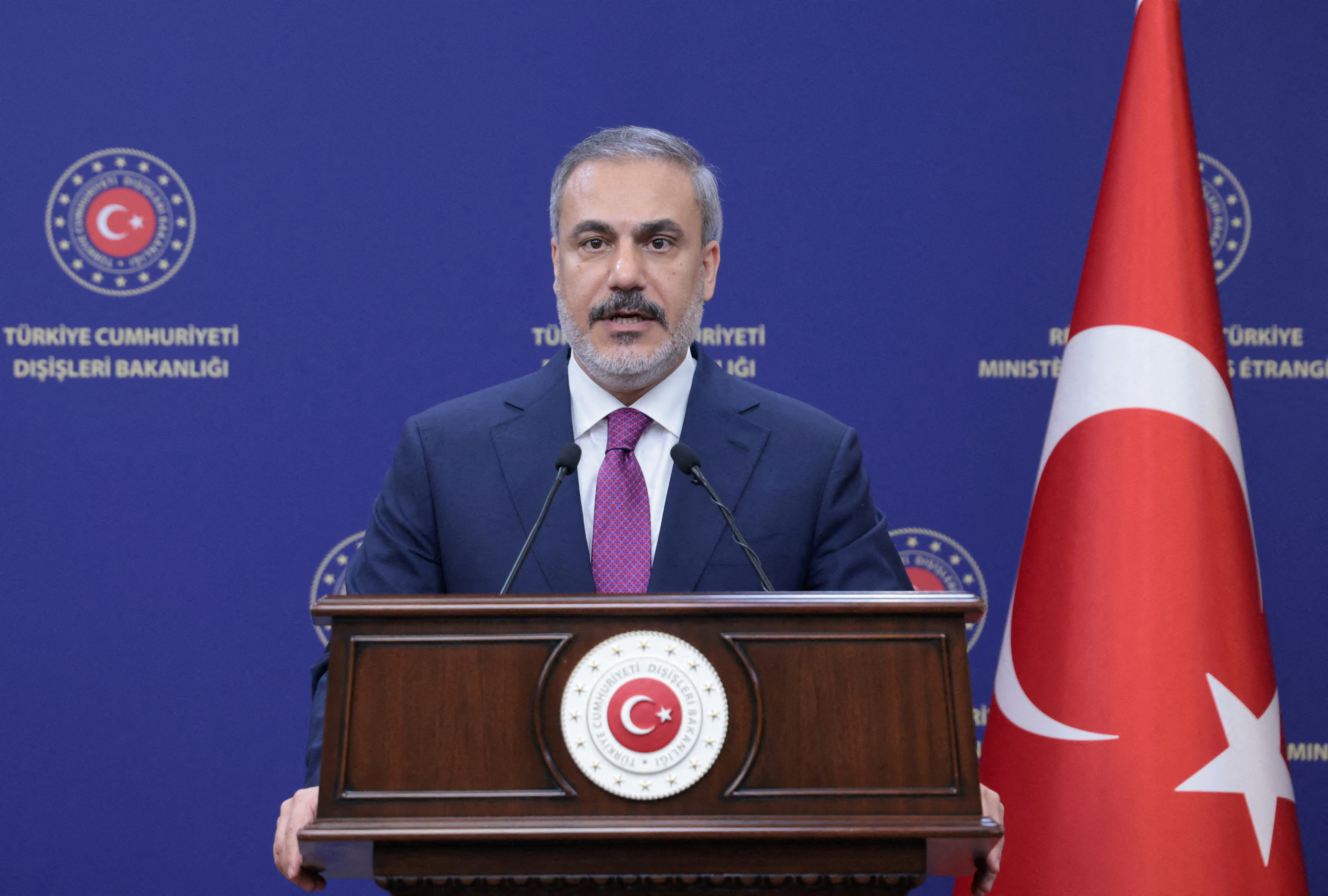 FILE PHOTO: Turkish Foreign Minister Hakan Fidan speaks during a press conference in Ankara, Turkey September 5, 2023. REUTERS