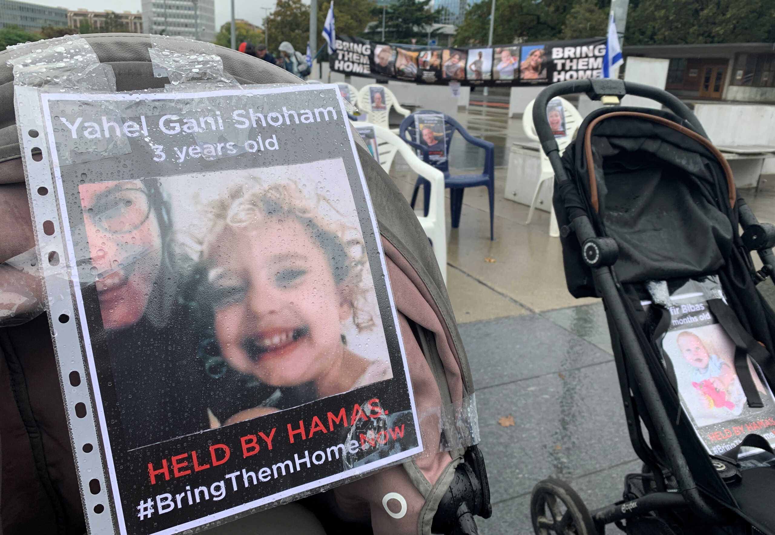 A group of Geneva citizens set up 222 empty chairs and strollers for children that symbolically represent hostages and missing people waiting to come home, following a deadly infiltration of Israel by Hamas gunmen from the Gaza Strip, on Place des Nations in front of the United Nations in Geneva, Switzerland, October 26, 2023. REUTERS