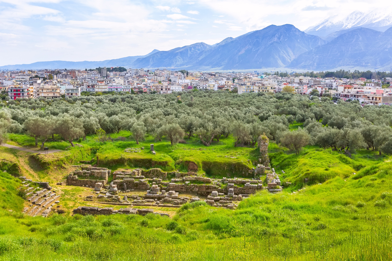 Aerial panoramic view of Sparta city with Taygetus mountains and ancient ruins remains in Peloponnese, Greece
