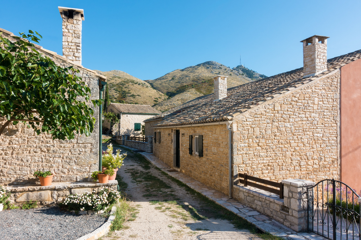 Street in the old Perithia village in Corfu, Greece