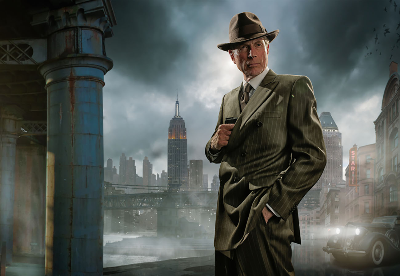 Retro image of a 1940’s film noir mature gangster