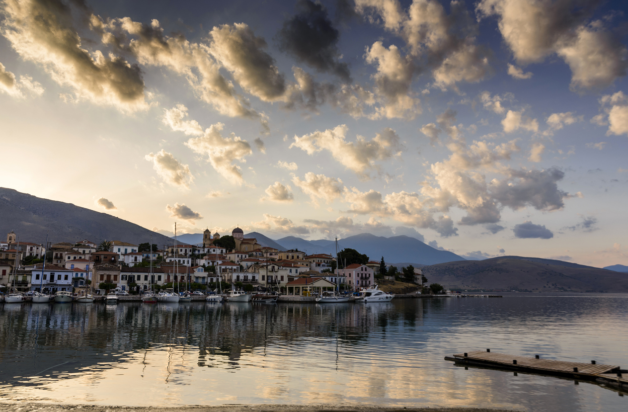 View of the port of Galaxidi village by the Ionian Sea in Greece