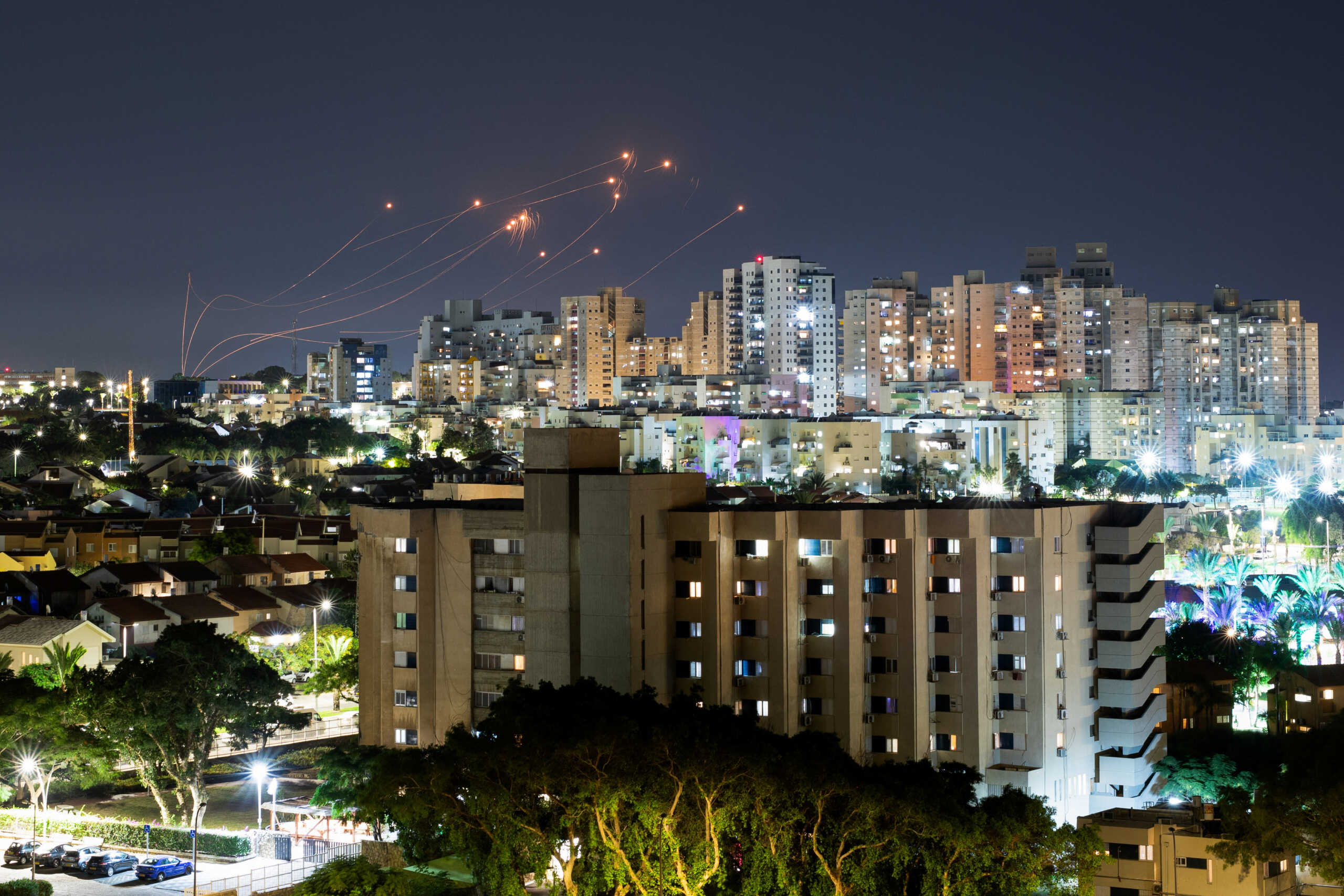 Israel's Iron Dome anti-missile system intercepts rockets launched from the Gaza Strip, as seen from the city of Ashkelon, Israel October 8, 2023. REUTERS