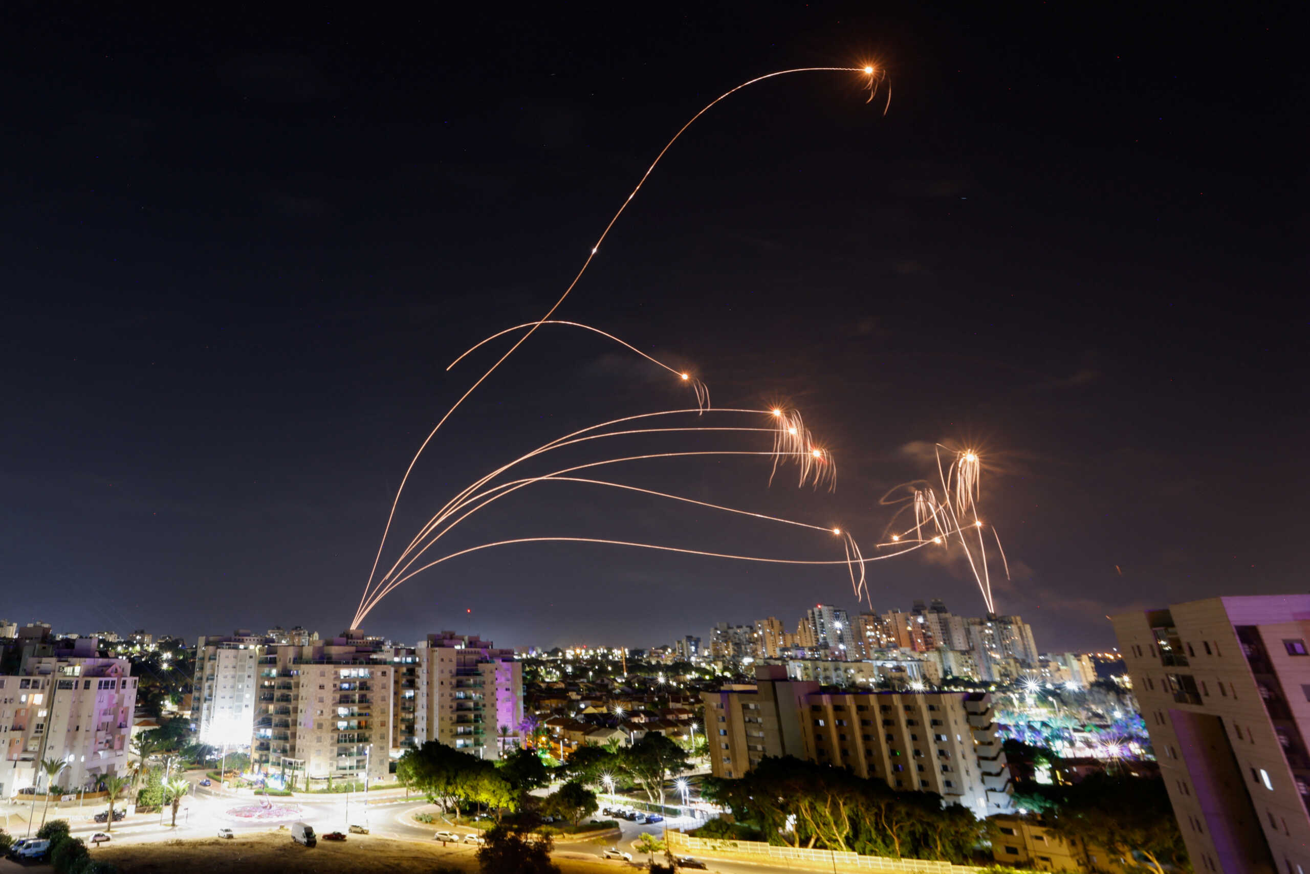 Israel's Iron Dome anti-missile system intercepts rockets launched from the Gaza Strip, as seen from the city of Ashkelon, Israel October 8, 2023. REUTERS