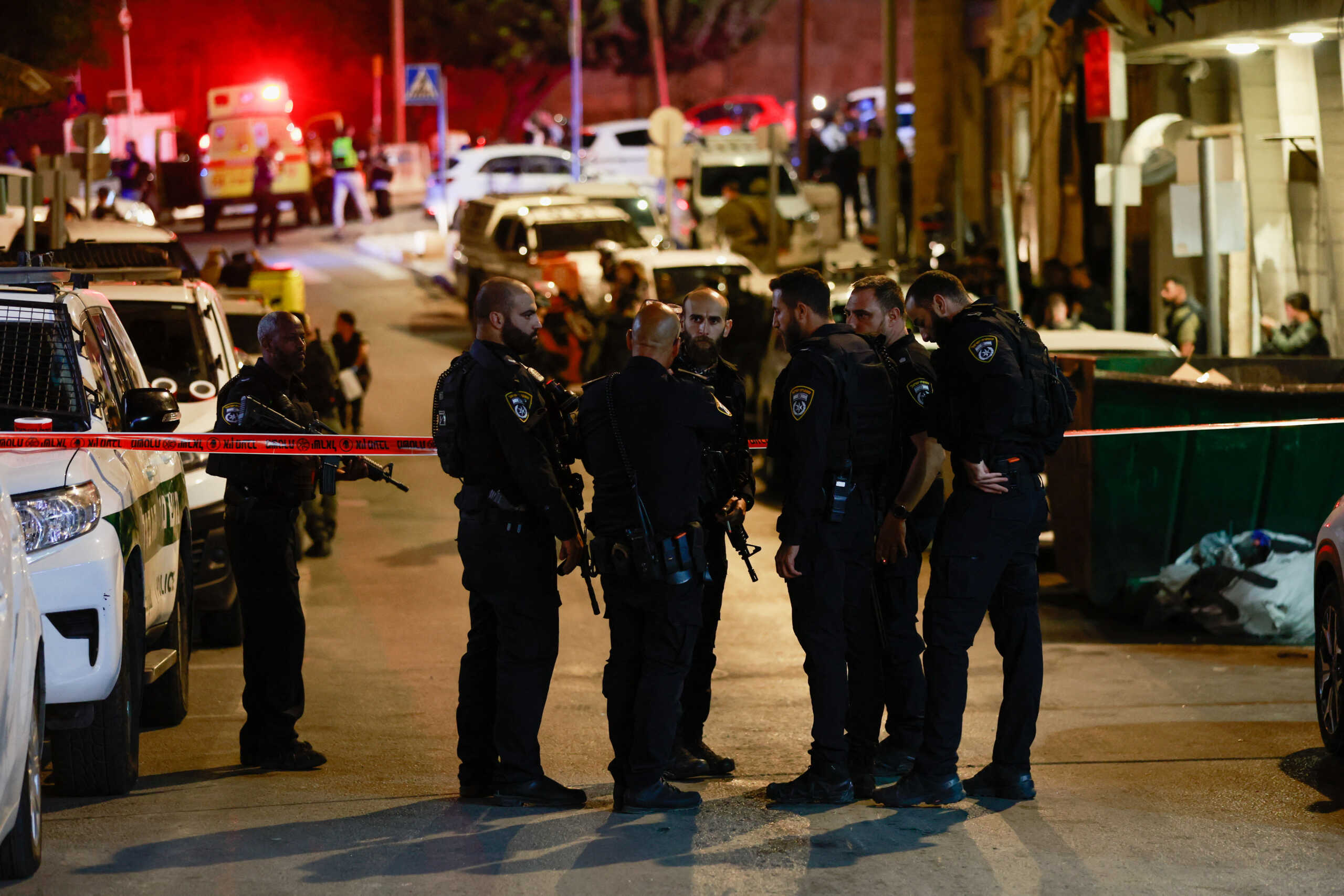 Israeli police secure the scene following reports of gunfire directed at Shalem police station near the Old City of Jerusalem, October 12, 2023. REUTERS