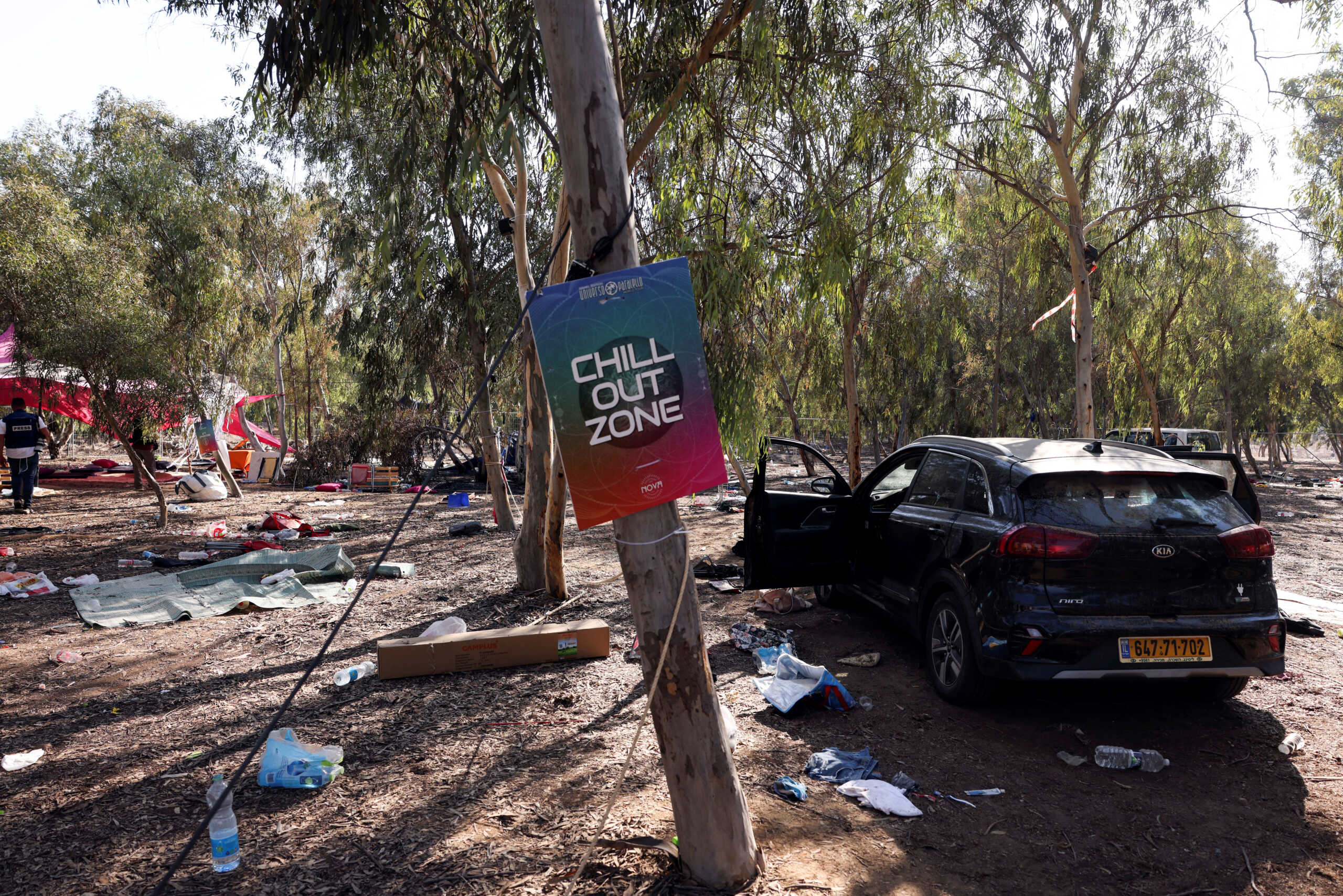 A sign reads "chill out zone" at the site of an attack on the Nova Festival by Hamas gunmen from Gaza, near Israel's border with the Gaza Strip, in southern Israel, October 12, 2023. REUTERS