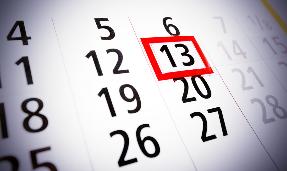 Friday the 13th. Calendar, bad luck, time, stress or fear concept.