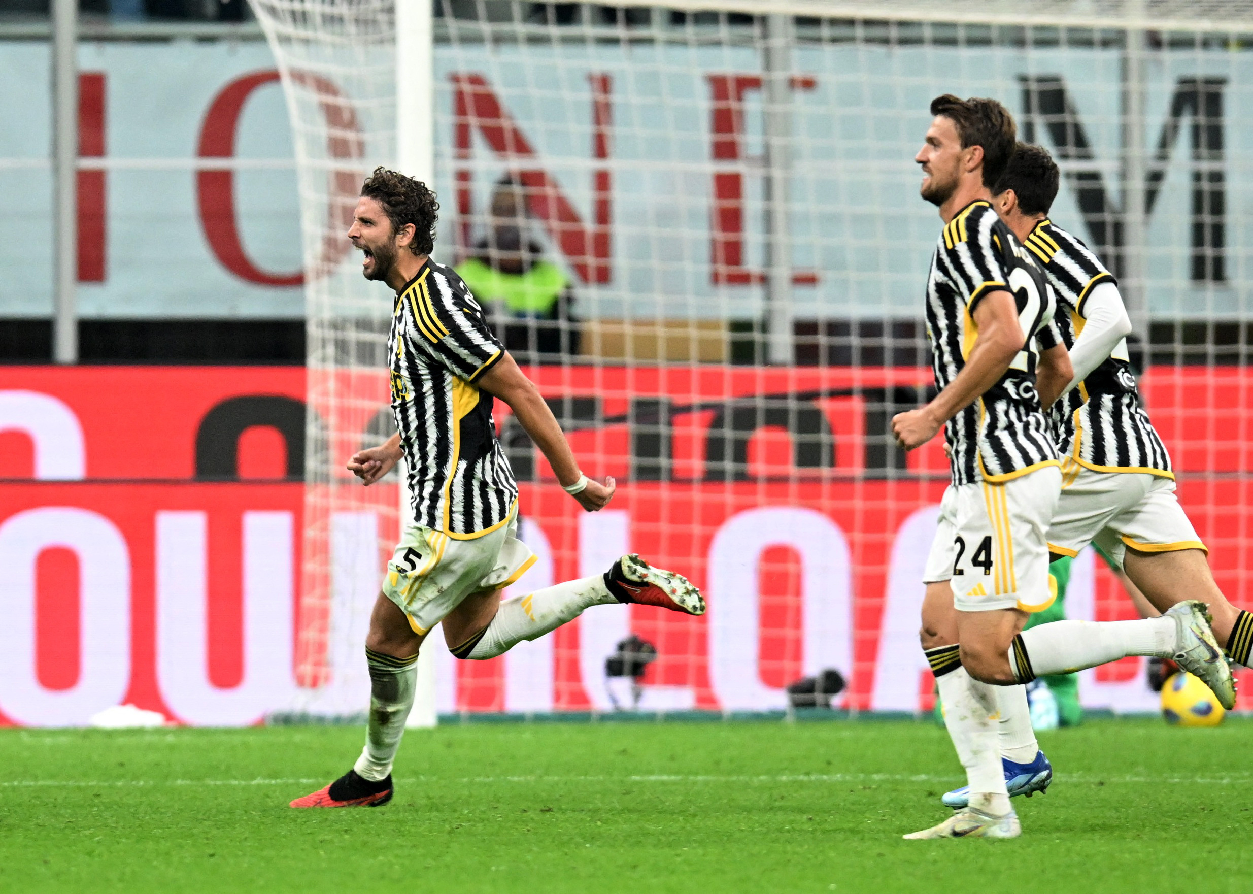 Soccer Football - Serie A - AC Milan v Juventus - San Siro, Milan, Italy - October 22, 2023 Juventus' Manuel Locatelli celebrates scoring their first goal REUTERS