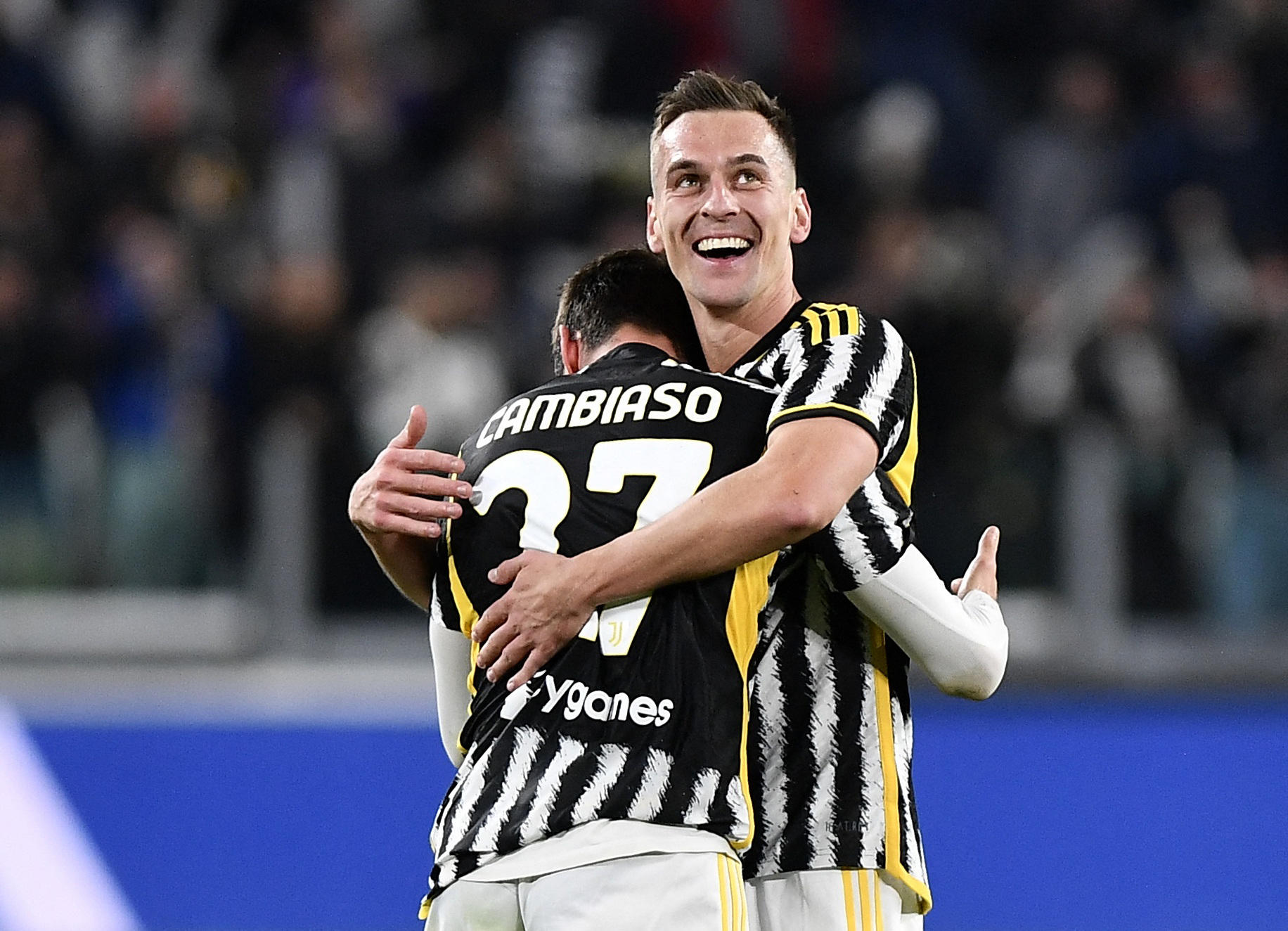 Soccer Football - Serie A - Juventus v Hellas Verona - Allianz Stadium, Turin, Italy - October 28, 2023 Juventus' Andrea Cambiaso celebrates scoring their first goal with Arkadiusz Milik REUTERS