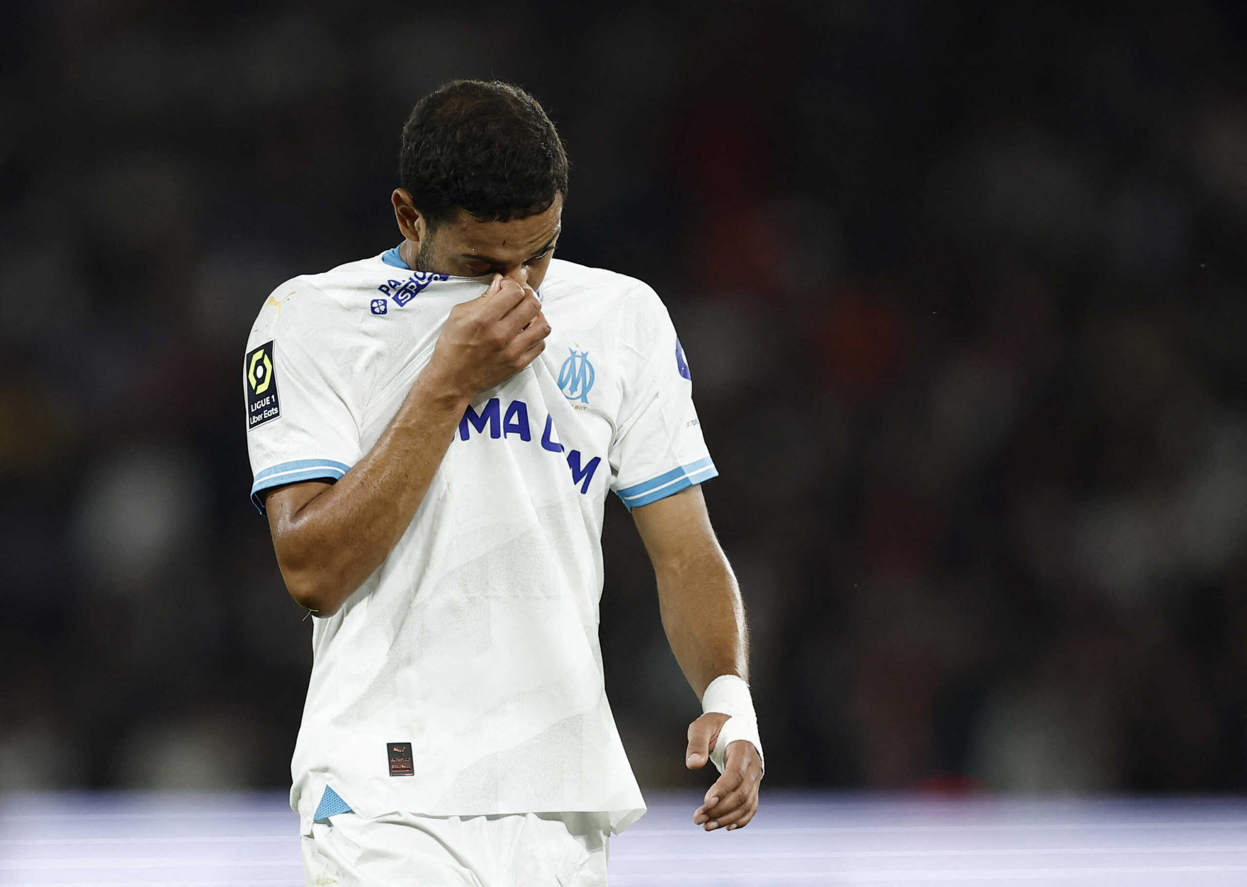 Soccer Football - Ligue 1 - Paris St Germain v Olympique de Marseille - Parc des Princes, Paris, France - September 24, 2023 Olympique de Marseille's Renan Lodi reacts REUTERS
