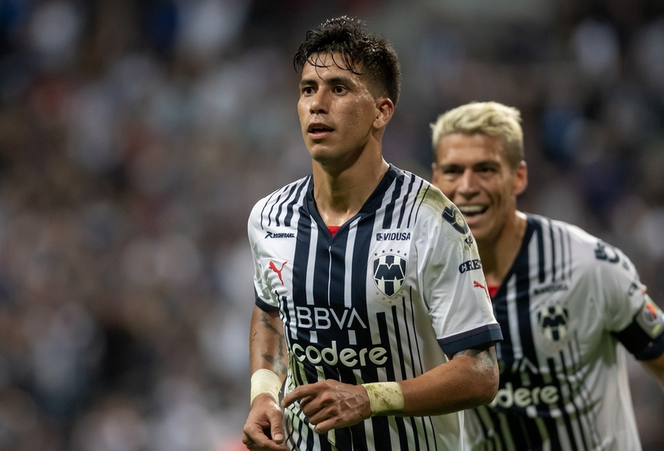 epa10626413 Monterrey's Maximiliano Meza celebrates after scoring against Santos Laguna during a match for the quarterfinals of the Liga MX Clausura 2023 tournament at BBVA Stadium in Monterrey, Mexico, 13 May 2023.  EPA