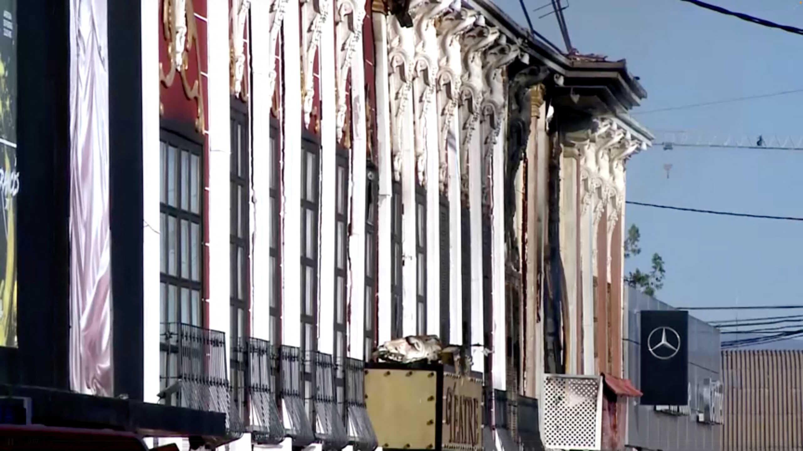View of damage to the building's exterior after a deadly nightclub fire in Murcia, Spain October 1, 2023 in this still image from handout video. Forta