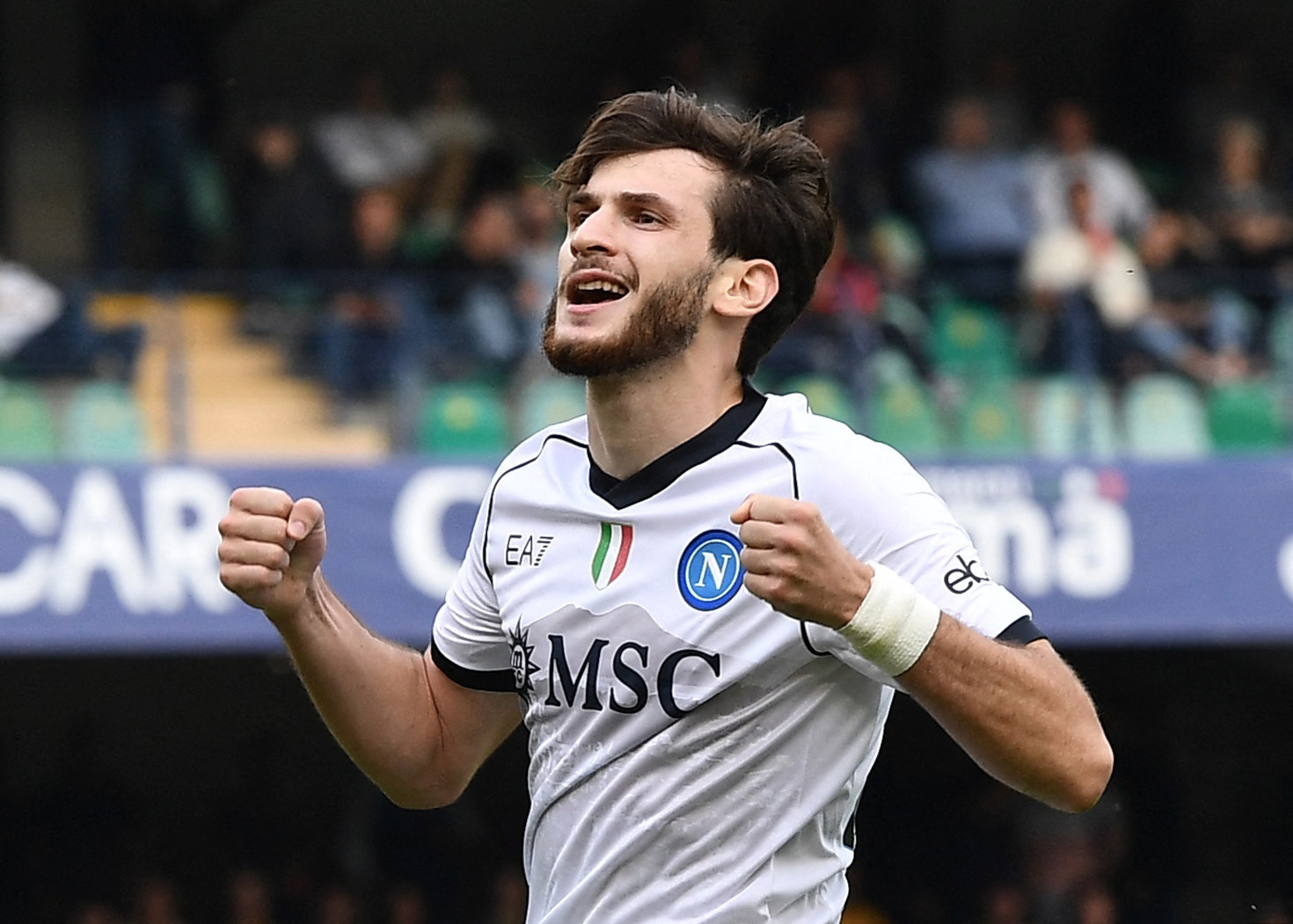 Soccer Football - Serie A - Hellas Verona v Napoli - Stadio Marc'Antonio Bentegodi, Verona, Italy - October 21, 2023 Napoli's Khvicha Kvaratskhelia celebrates scoring their third goal REUTERS
