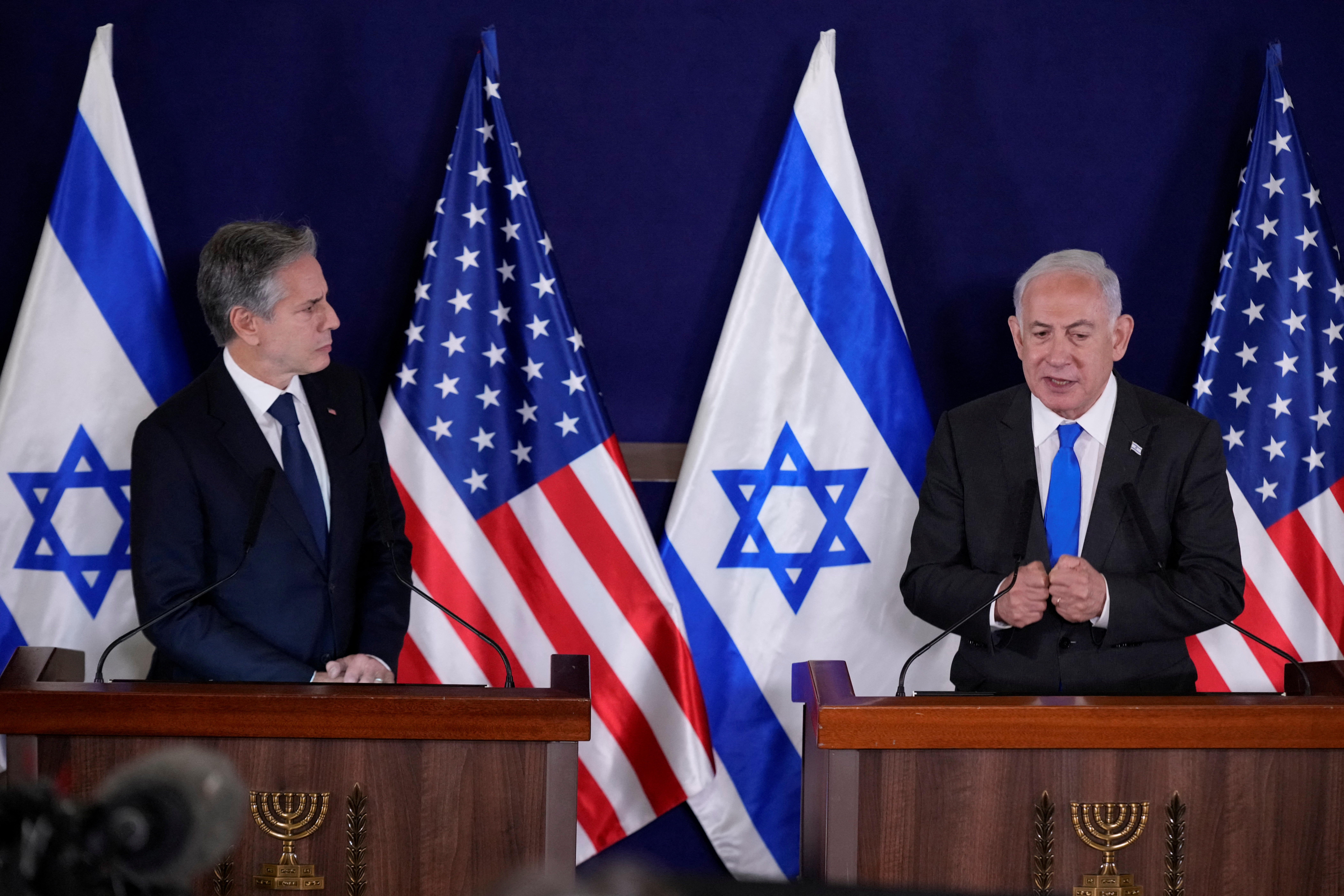 U.S. Secretary of State Antony Blinken and Israel’s Prime Minister Benjamin Netanyahu make statements to the media inside The Kirya, which houses the Israeli Ministry of Defense, after their meeting in Tel Aviv, Israel, Thursday Oct. 12, 2023. Jacquelyn Martin