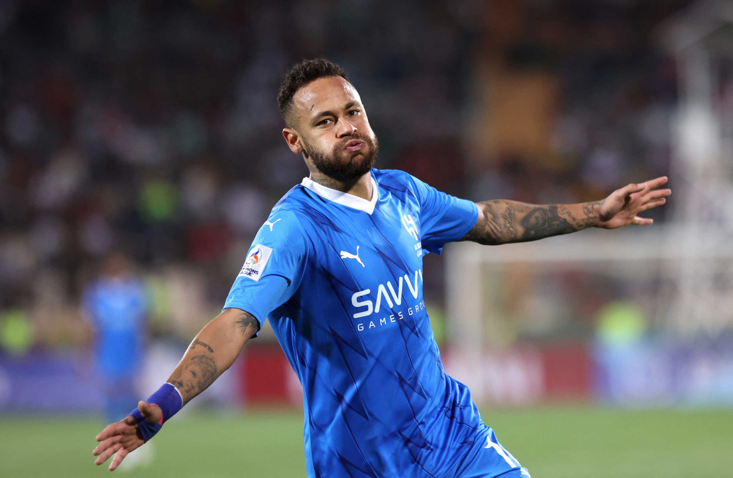 Soccer Football - Asian Champions League - Group D - Nassaji Mazandaran v Al Hilal - Azadi Stadium, Tehhran, Iran - October 3, 2023 Al Hilal's Neymar celebrates scoring their second goal Majid Asgaripour