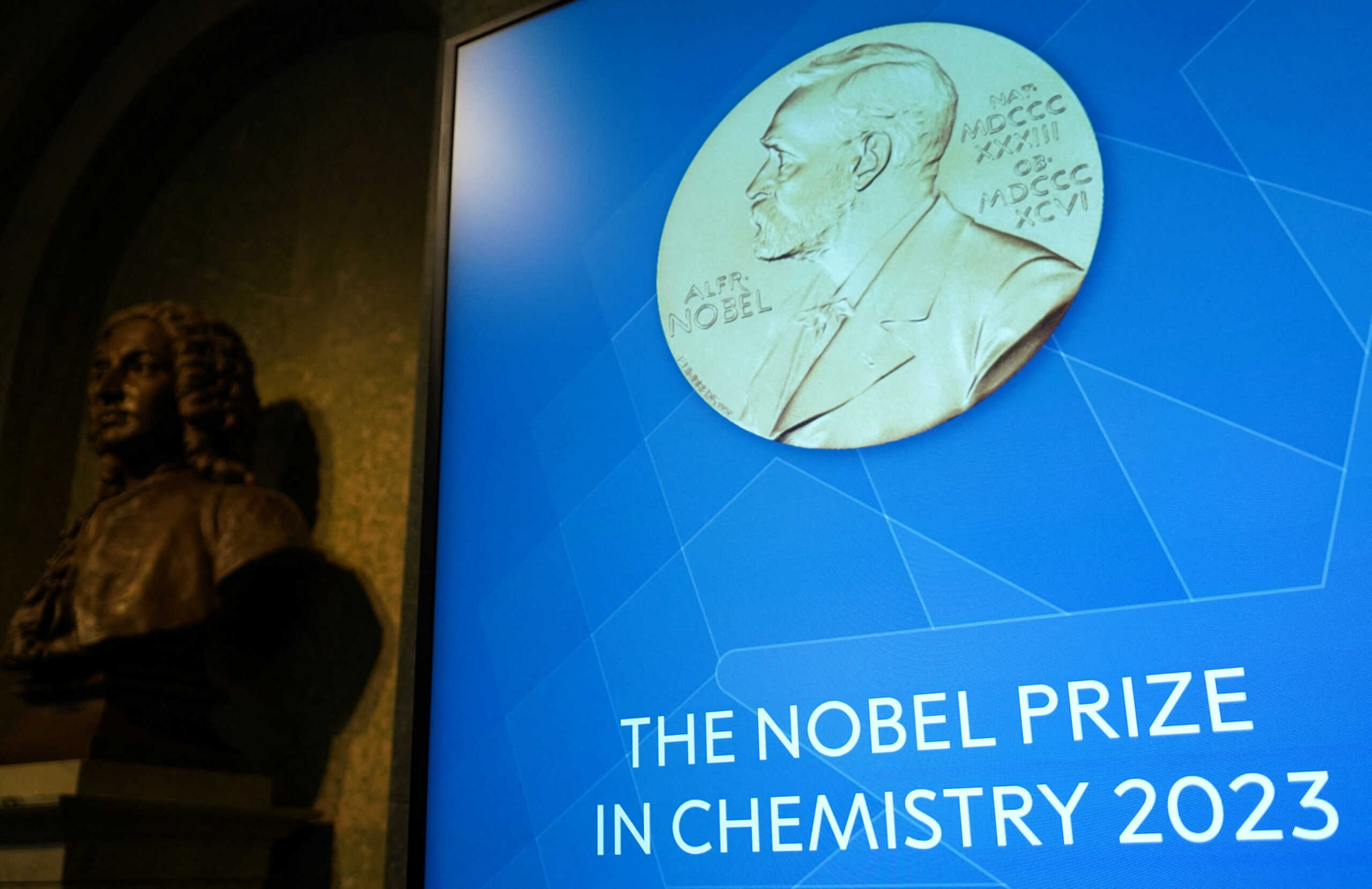 A view of a screen inside the Royal Swedish Academy of Sciences, where the Nobel Prize in Chemistry is announced, in Stockholm, Sweden, October 4, 2023. REUTERS