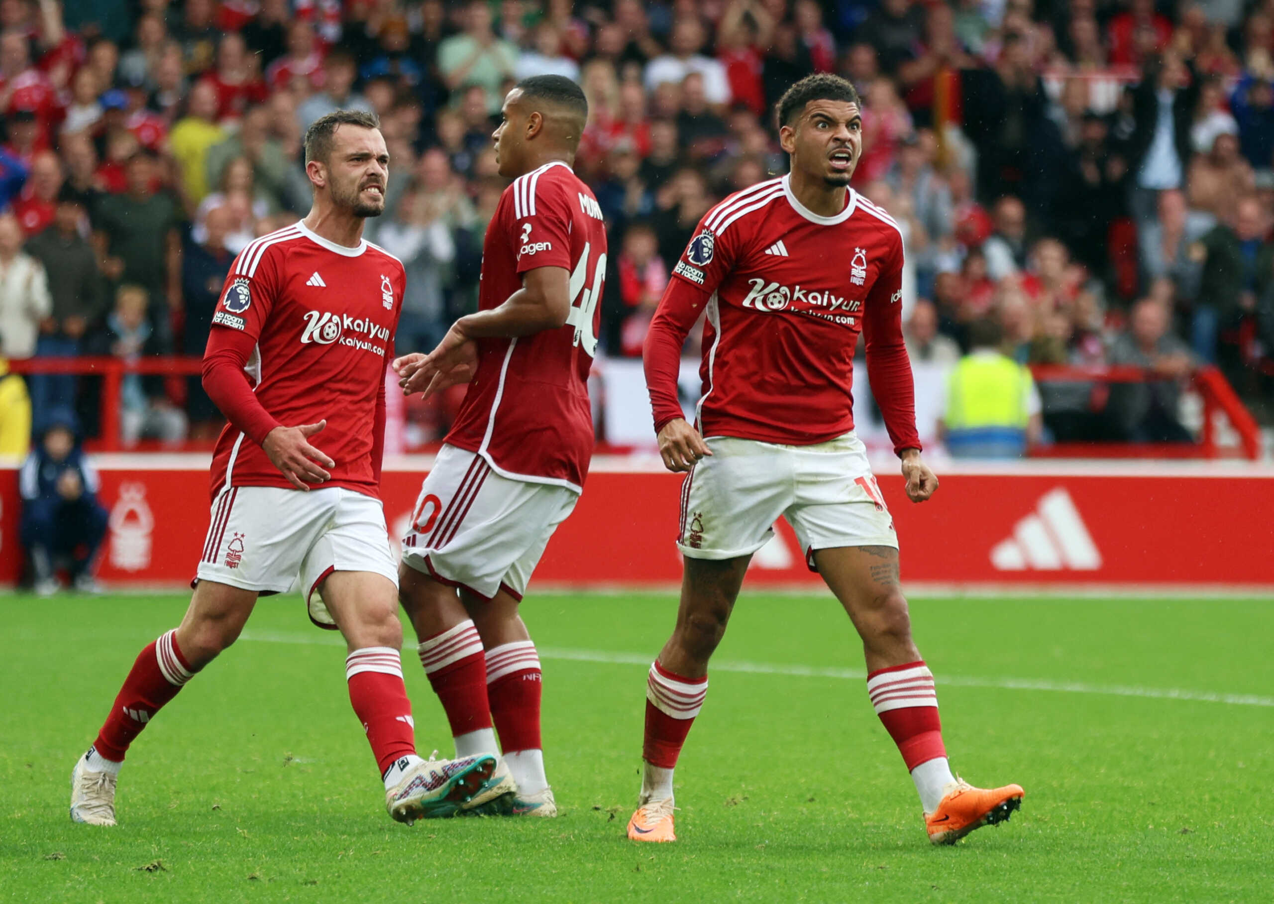 Soccer Football - Premier League - Nottingham Forest v Brentford - The City Ground, Nottingham, Britain - October 1, 2023 Nottingham Forest's Morgan Gibbs-White and Harry Toffolo react Action Images via Reuters