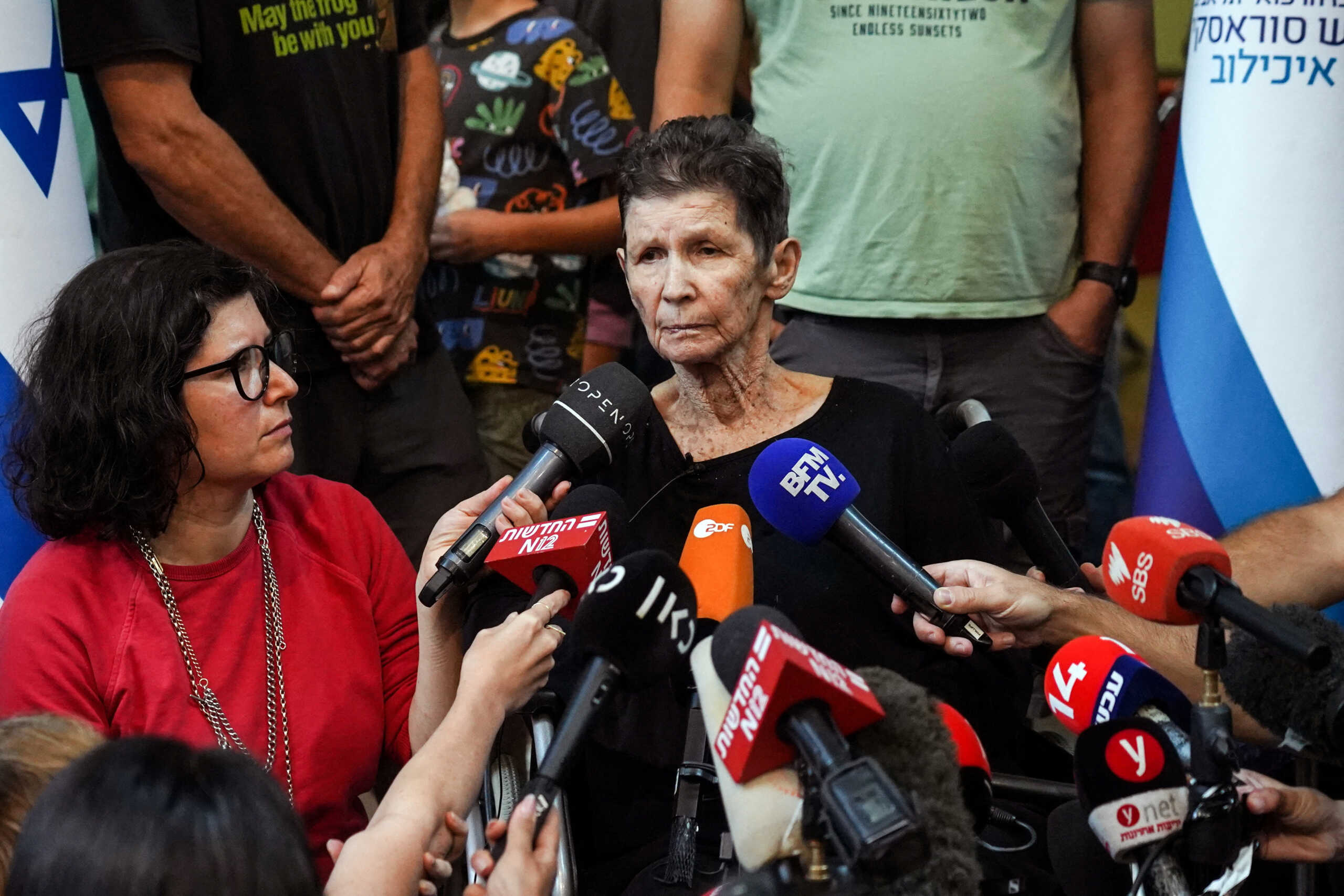 Yocheved Lifshitz, 85, an Israeli grandmother who was held hostage in Gaza, speaks to members of the press after being released by Hamas militants, at Ichilov Hospital in Tel Aviv, Israel October 24, 2023. REUTERS