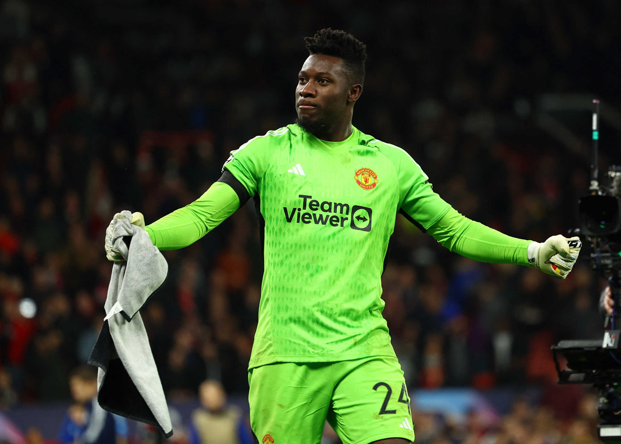 Soccer Football - Champions League - Group A - Manchester United v FC Copenhagen - Old Trafford, Manchester, Britain - October 24, 2023 Manchester United's Andre Onana celebrates after saving a penalty missed by FC Copenhagen's Jordan Larsson REUTERS