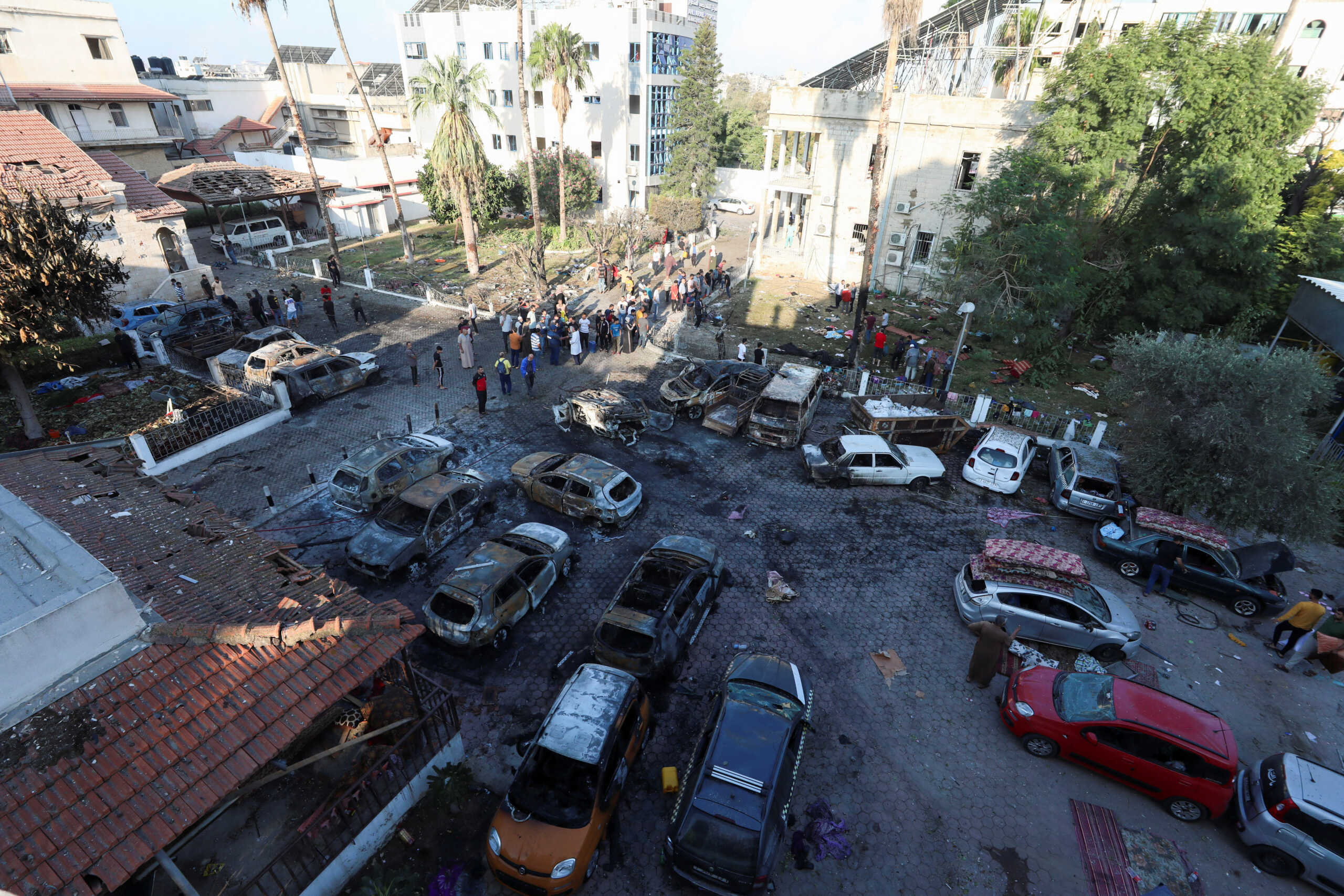 A view shows an area of Al-Ahli hospital where hundreds of Palestinians were killed in a blast that Israeli and Palestinian officials blamed on each other, and where Palestinians who fled their homes were sheltering amid the ongoing conflict with Israel,  in Gaza City, October 18, 2023.  REUTERS