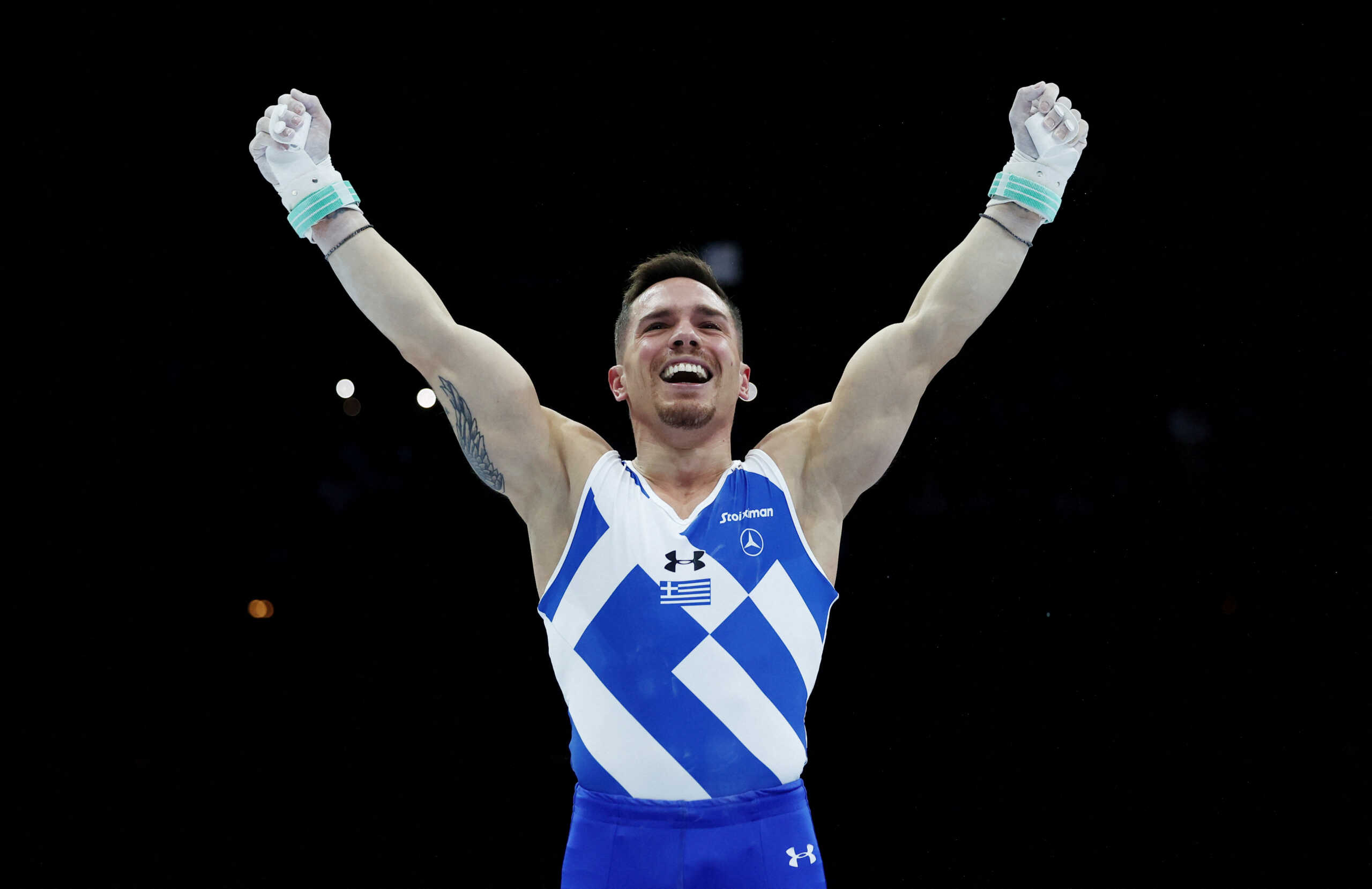 Gymnastics - 2023 World Artistic Gymnastics Championships - Sportpaleis, Antwerp, Belgium - October 7, 2023 Greece's Eleftherios Petrounias reacts after his routine on the rings during the men's apparatus finals REUTERS