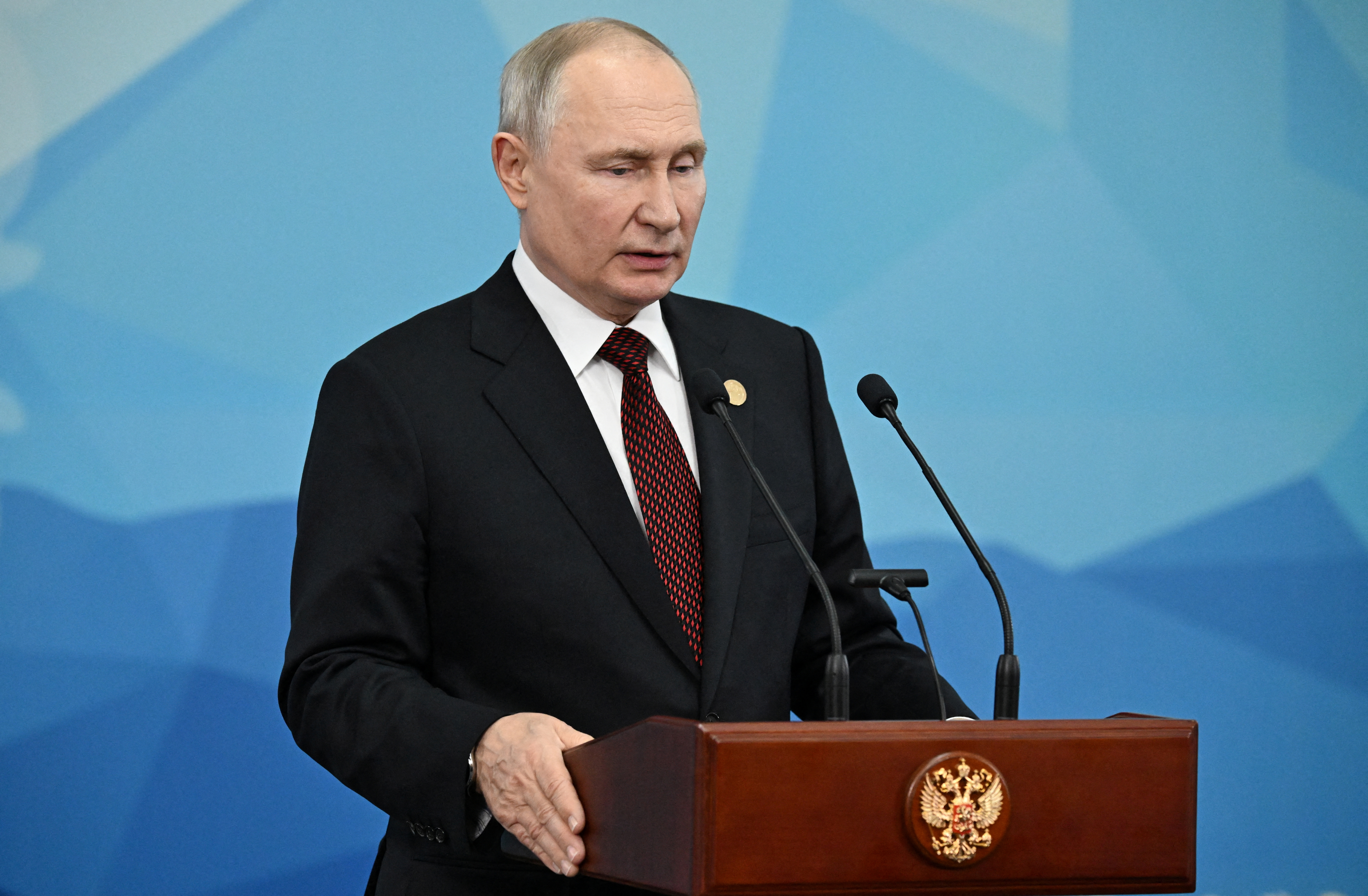 Russian President Vladimir Putin speaks during a press conference following the Commonwealth of Independent States (CIS) leaders' summit in Bishkek, Kyrgyzstan, October 13, 2023. Sputnik